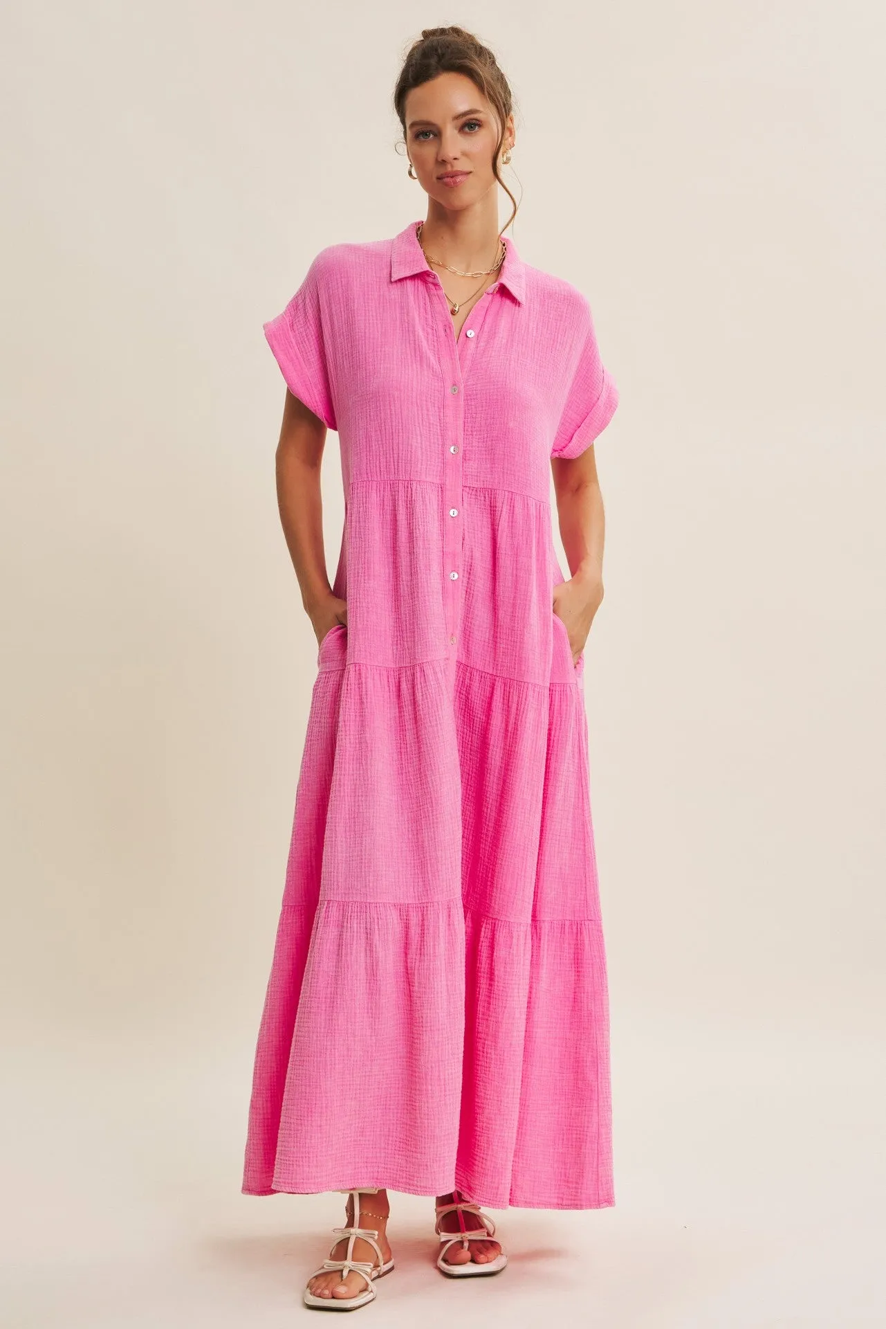 Bubble Gum Pink Breezy Mineral-Washed Gauze Maxi Shirt Dress sold by Pinkblush product image thumbnail 2