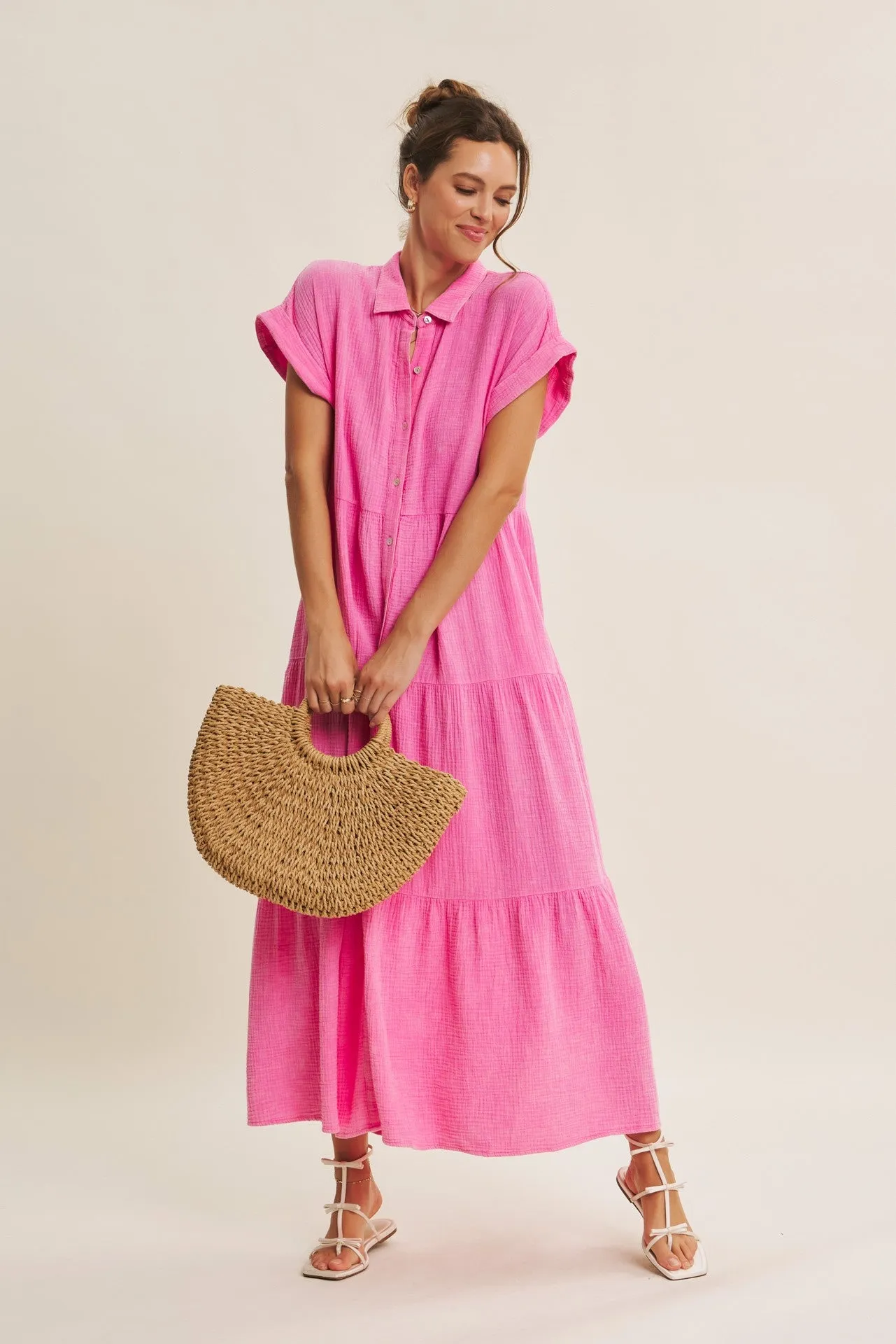 Bubble Gum Pink Breezy Mineral-Washed Gauze Maxi Shirt Dress sold by Pinkblush product image thumbnail 3