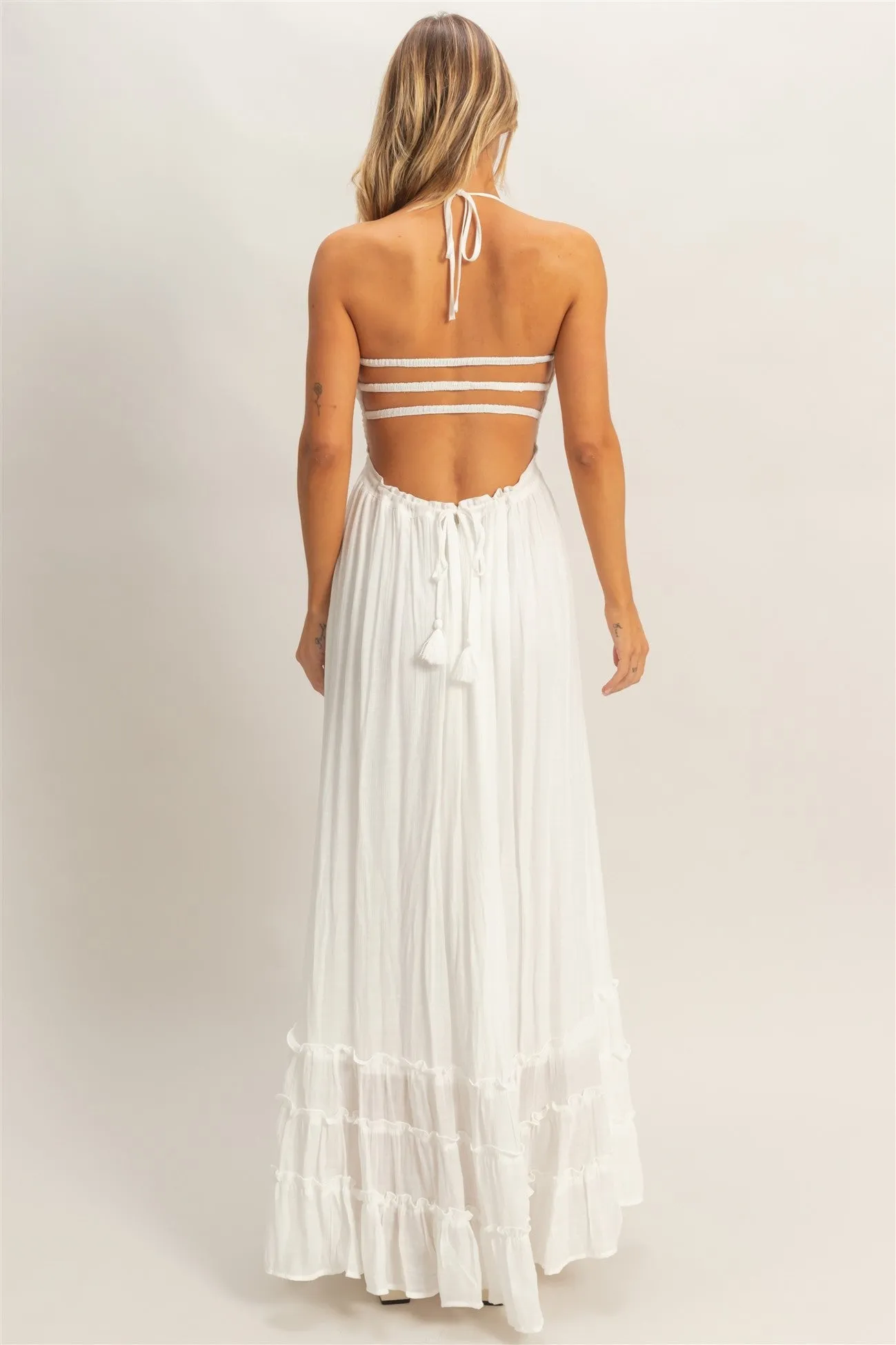 White Smocked Halter Open Back Maxi Dress sold by Pinkblush product image thumbnail 4