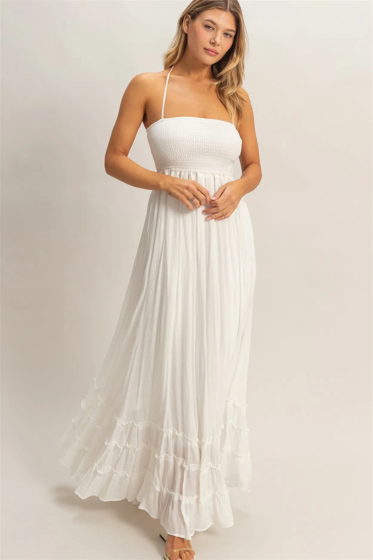 White Smocked Halter Open Back Maxi Dress sold by Pinkblush product image thumbnail 2