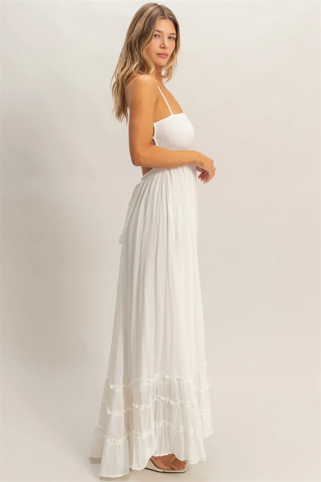 White Smocked Halter Open Back Maxi Dress sold by Pinkblush product image thumbnail 3