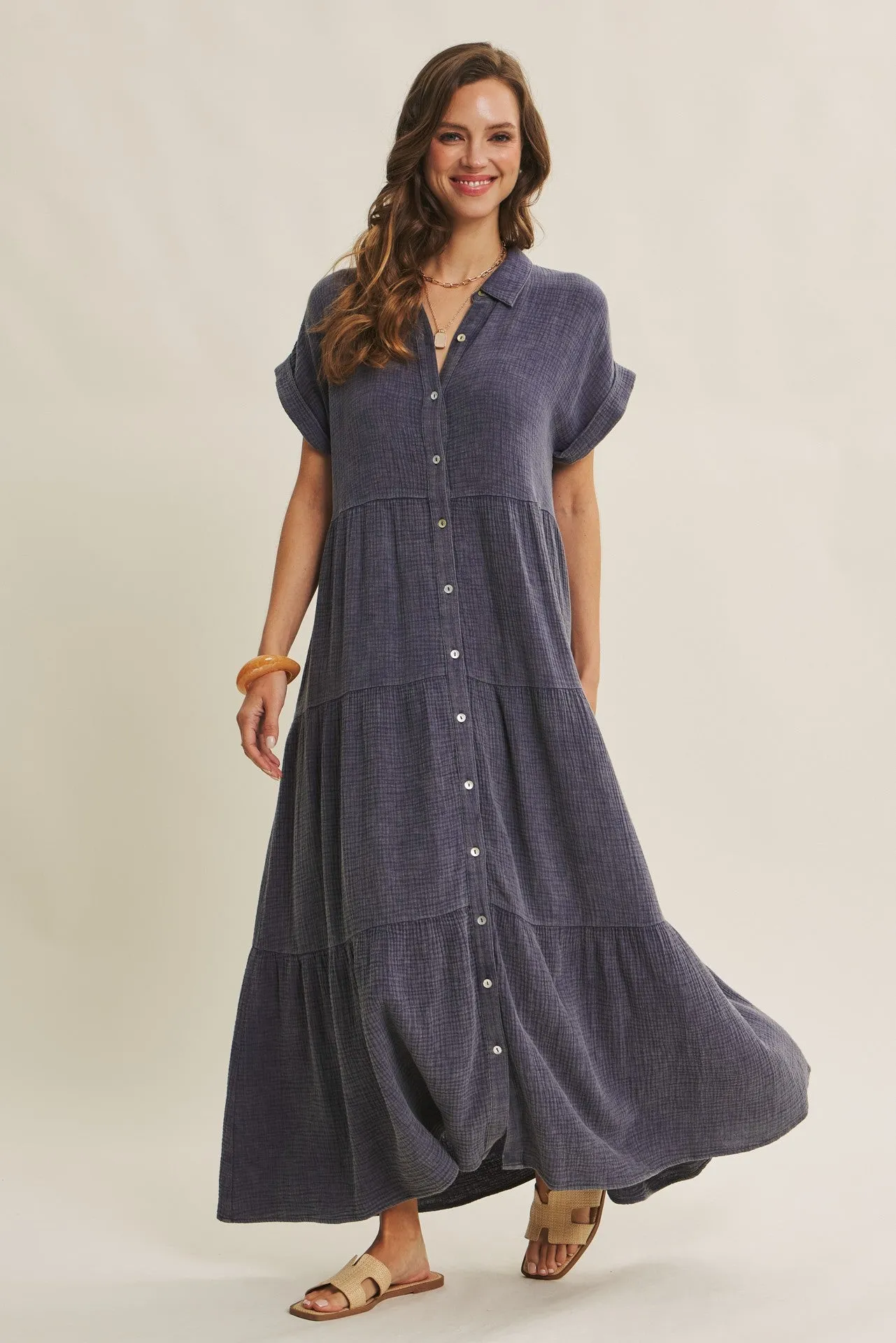 Navy Breezy Mineral-Washed Gauze Maxi Shirt Dress sold by Pinkblush product image thumbnail 2