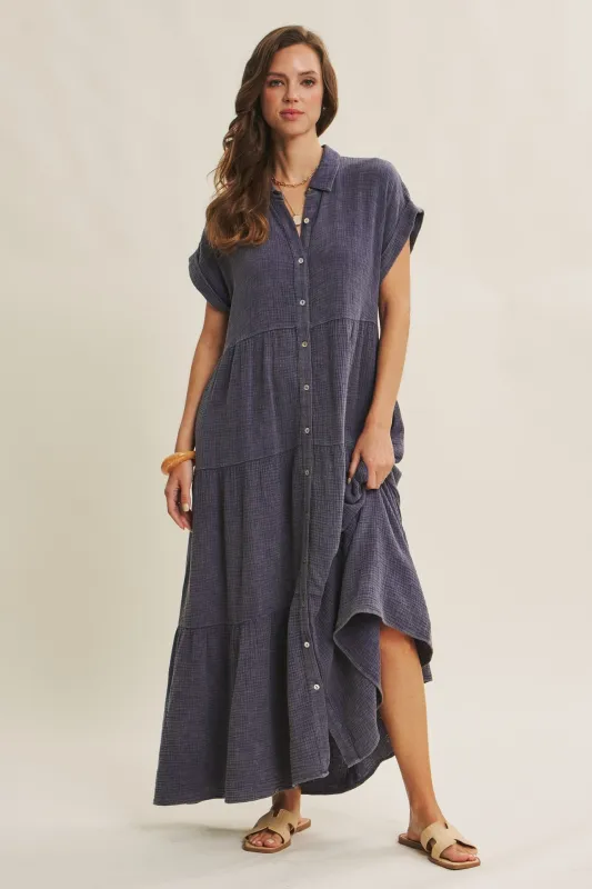 Navy Breezy Mineral-Washed Gauze Maxi Shirt Dress made by In February