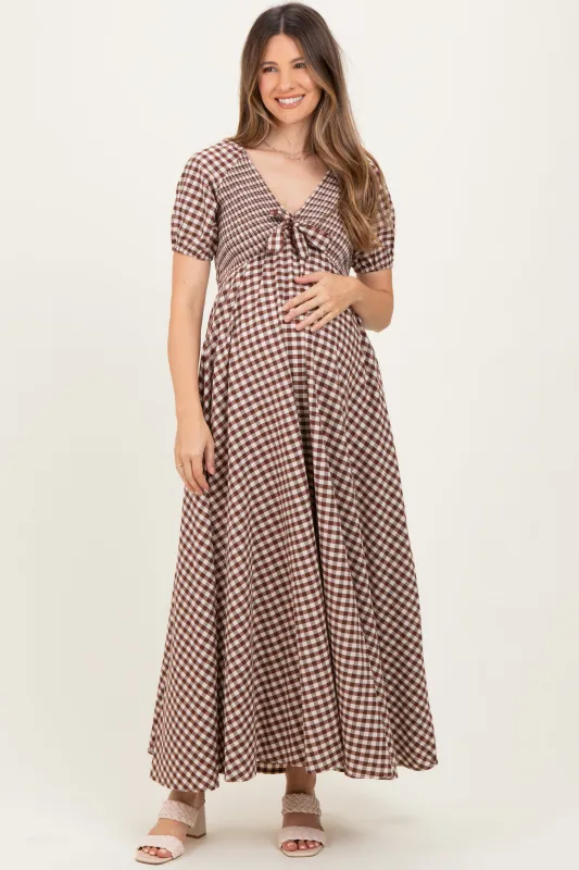 Mocha Smocked Gingham Maternity Maxi Dress sold by Pinkblush