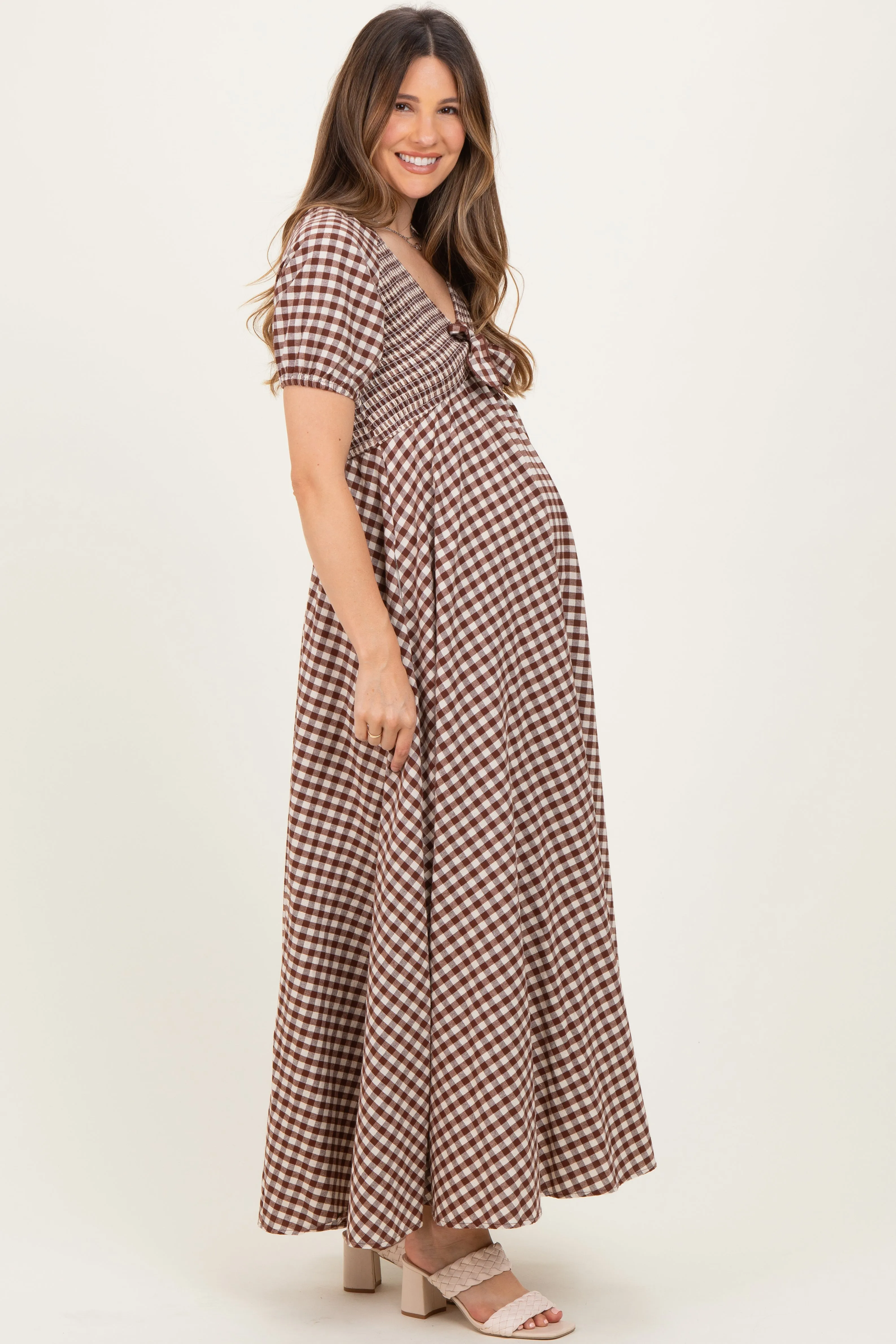 Mocha Smocked Gingham Maternity Maxi Dress sold by Pinkblush product image thumbnail 2