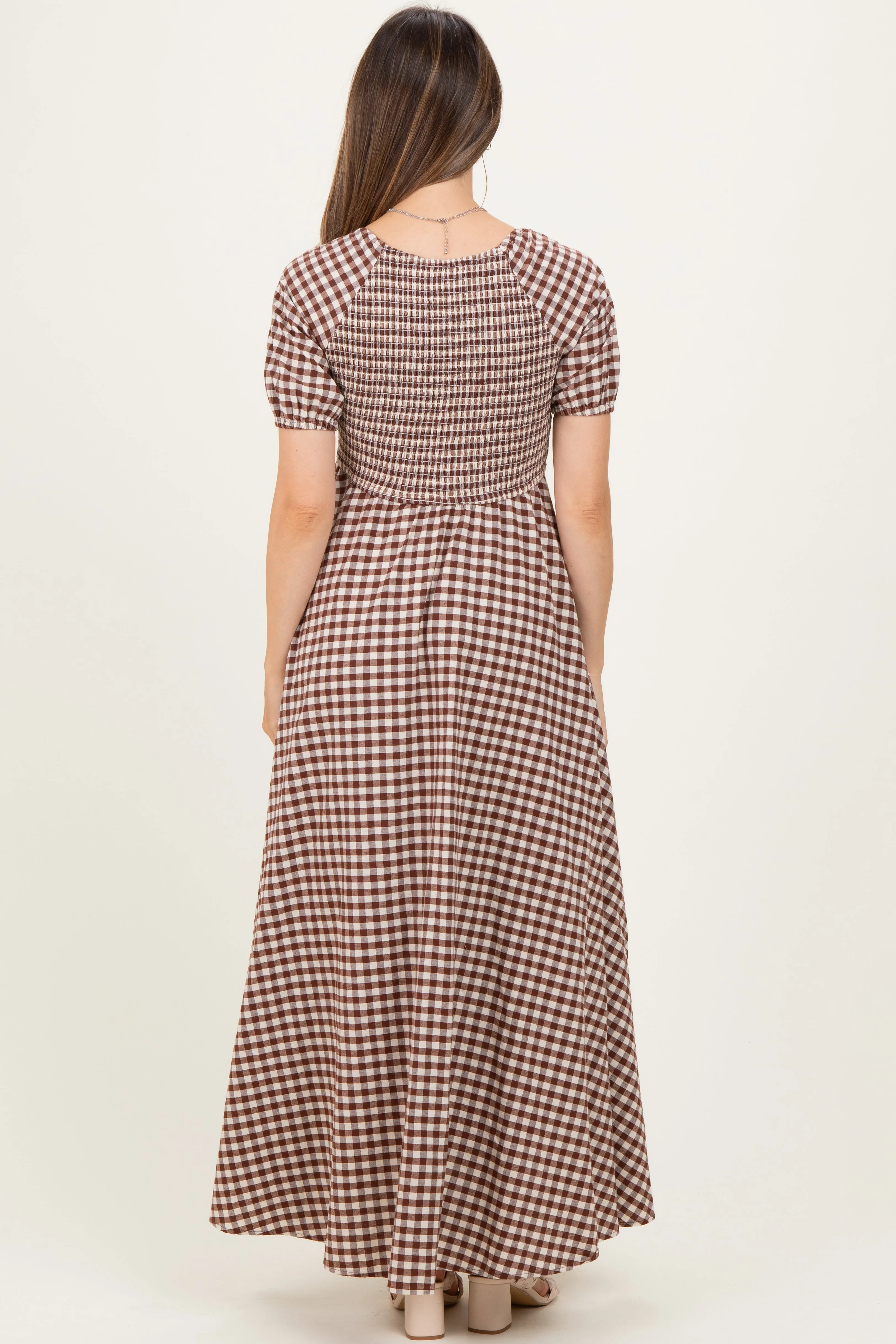 Mocha Smocked Gingham Maternity Maxi Dress sold by Pinkblush product image thumbnail 3