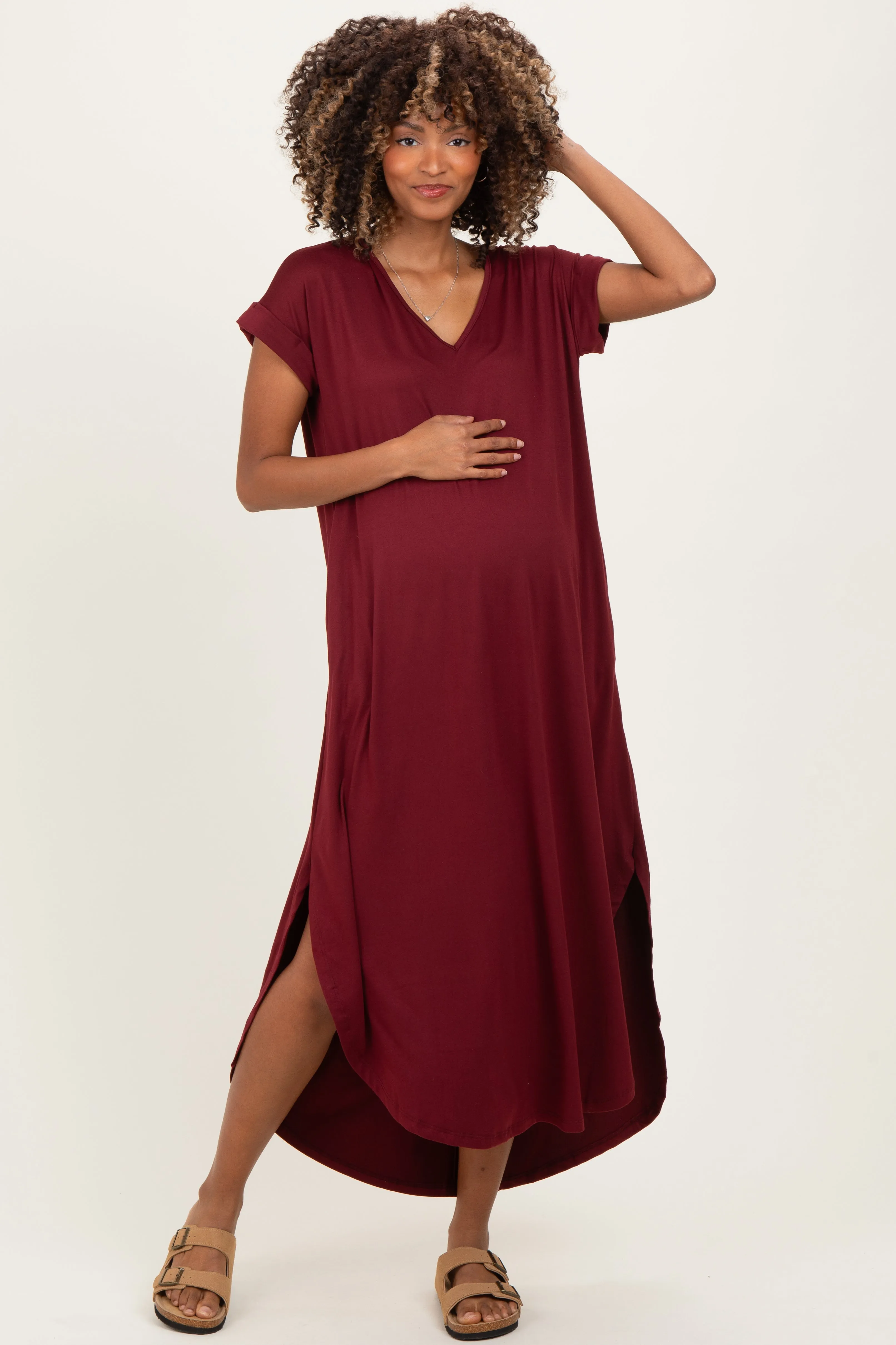 Dark Wine Side Slit Maternity Maxi Dress sold by Pinkblush product image thumbnail 2