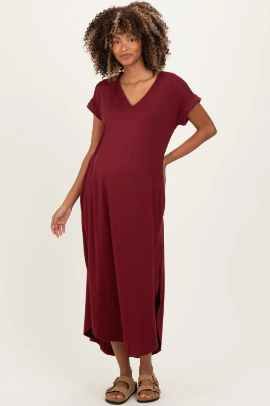 Dark Wine Side Slit Maternity Maxi Dress sold by Pinkblush