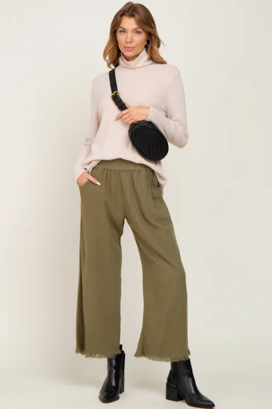 Olive Linen Frayed Hem Crop Pants sold by Pinkblush