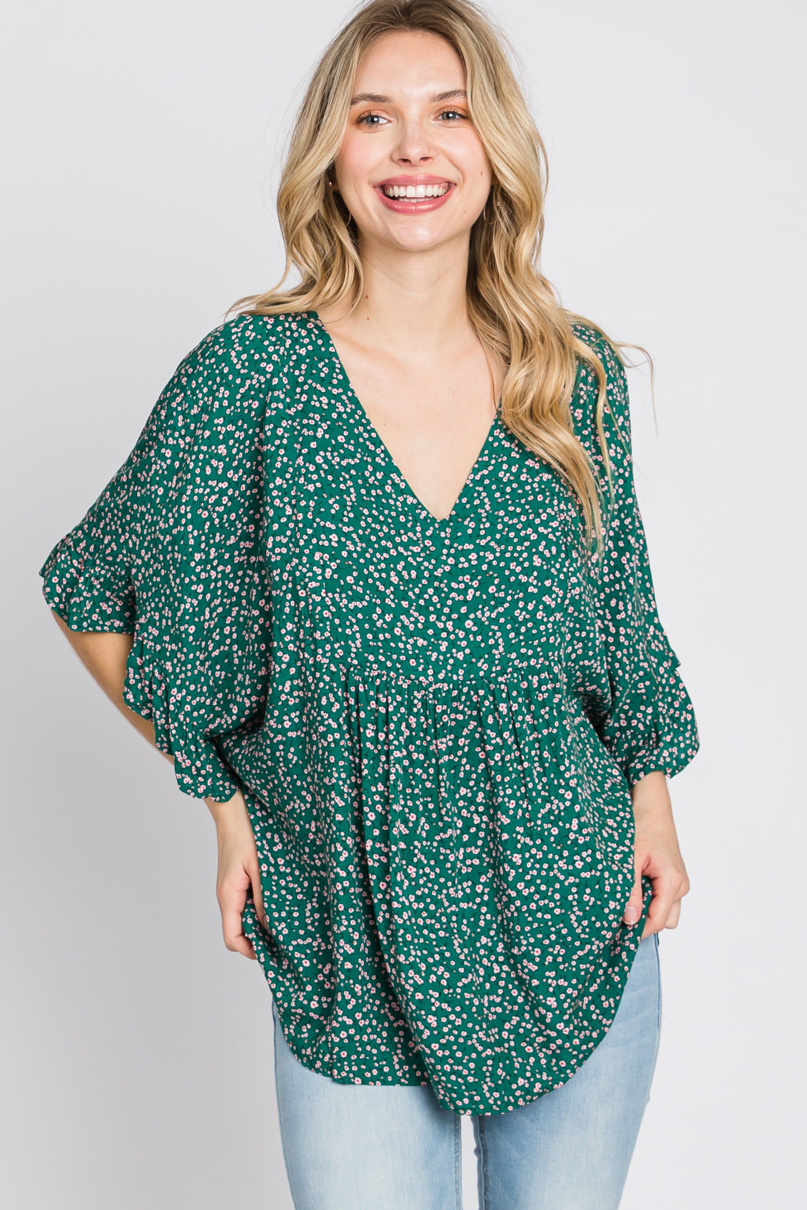 Emerald Green Floral Ruffle Dolman Sleeve Top sold by Pinkblush product image thumbnail 4