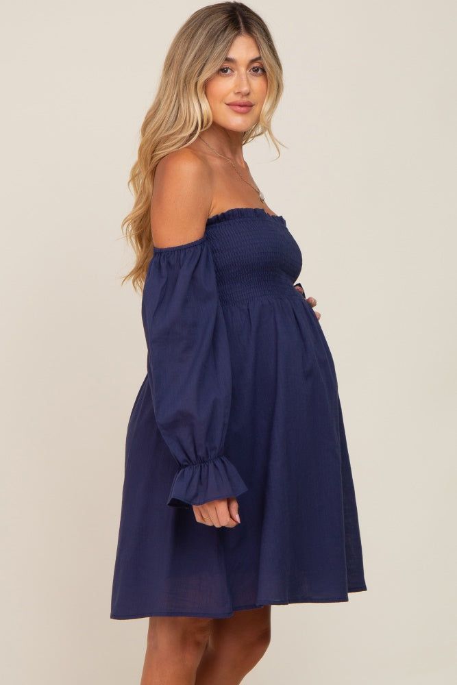 Navy Blue Smocked Off Shoulder Long Sleeve Maternity Dress sold by Pinkblush product image thumbnail 3