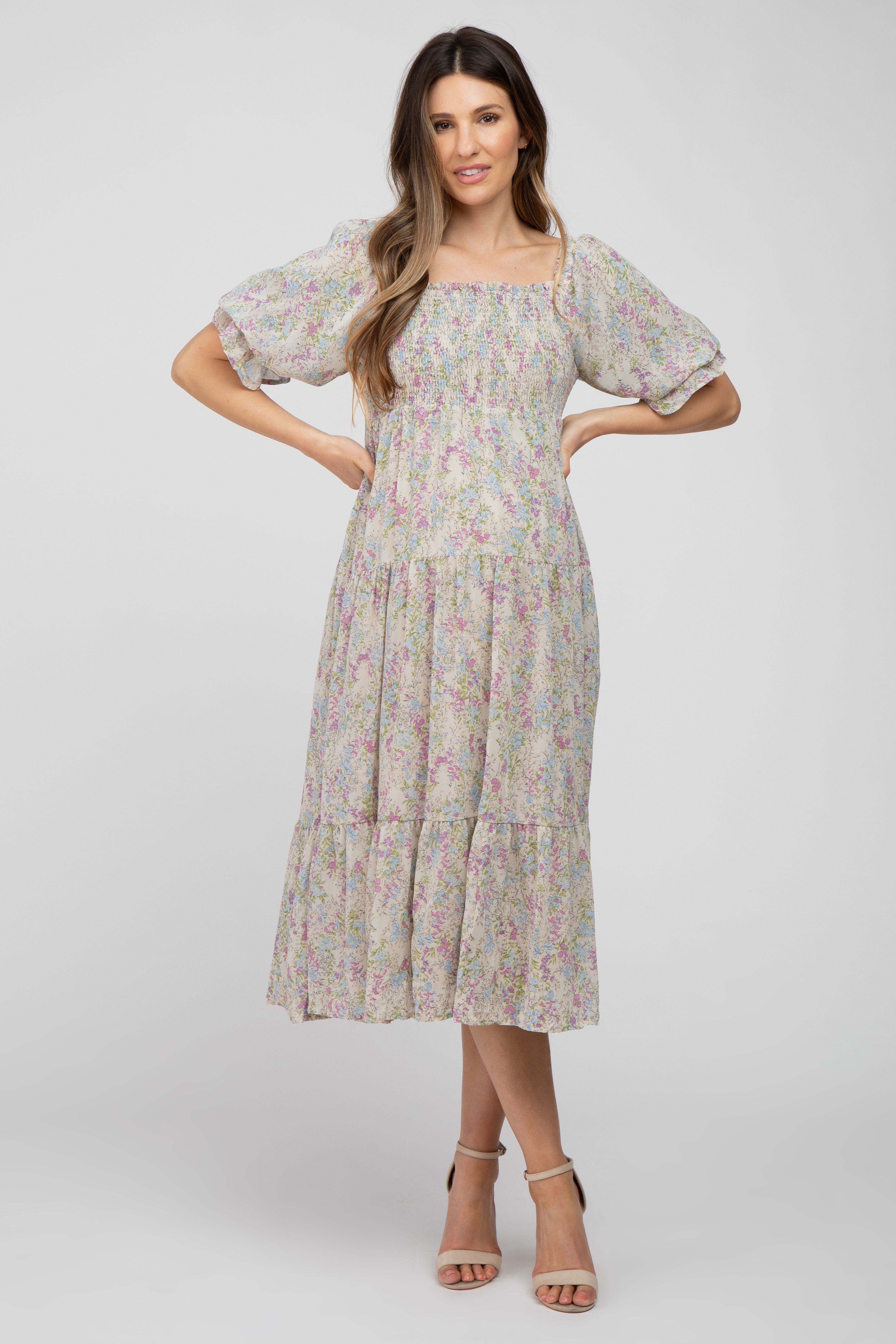 Cream Floral Chiffon Smocked Square Neck Maternity Midi Dress sold by Pinkblush
