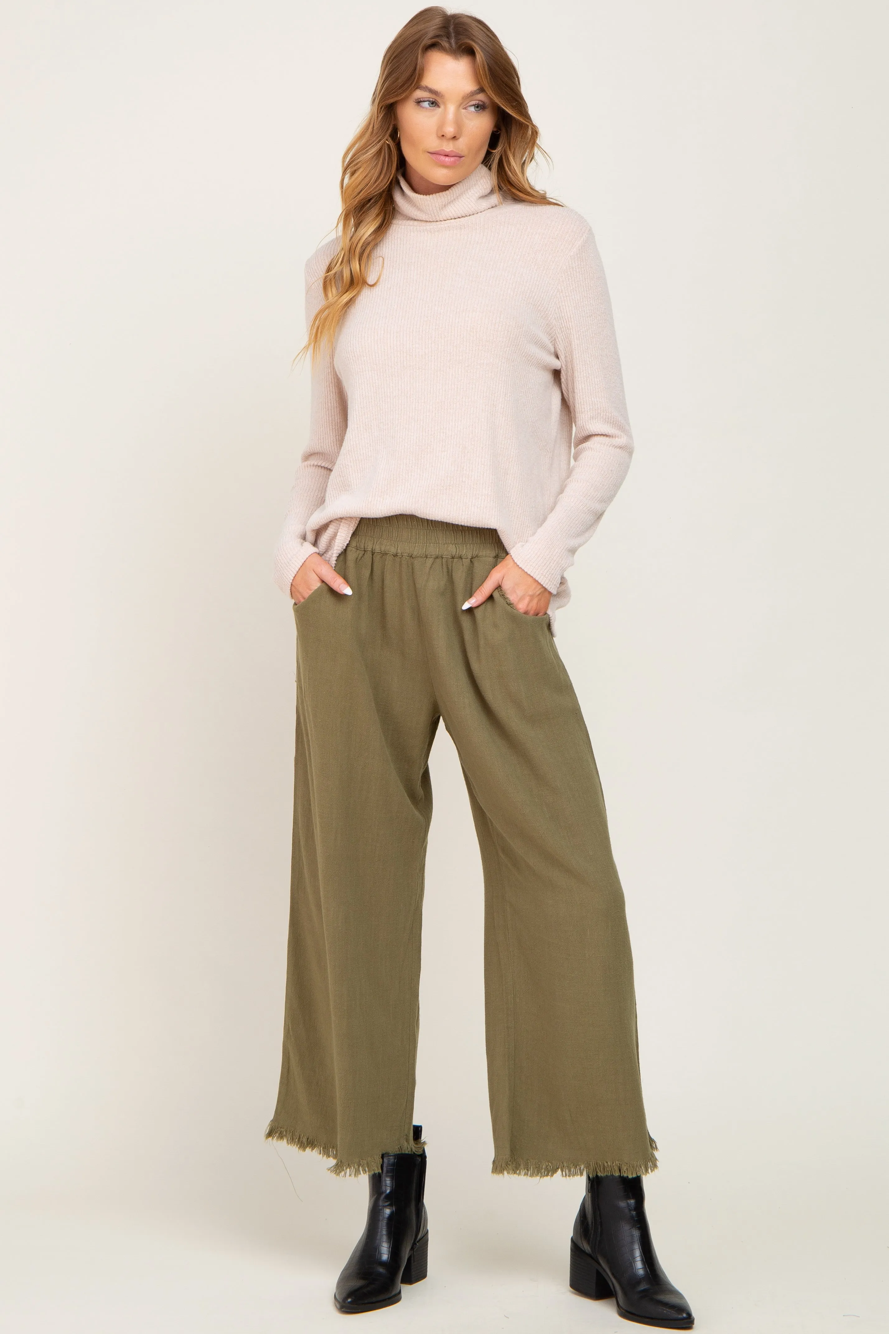 Olive Linen Frayed Hem Crop Pants sold by Pinkblush product image thumbnail 5