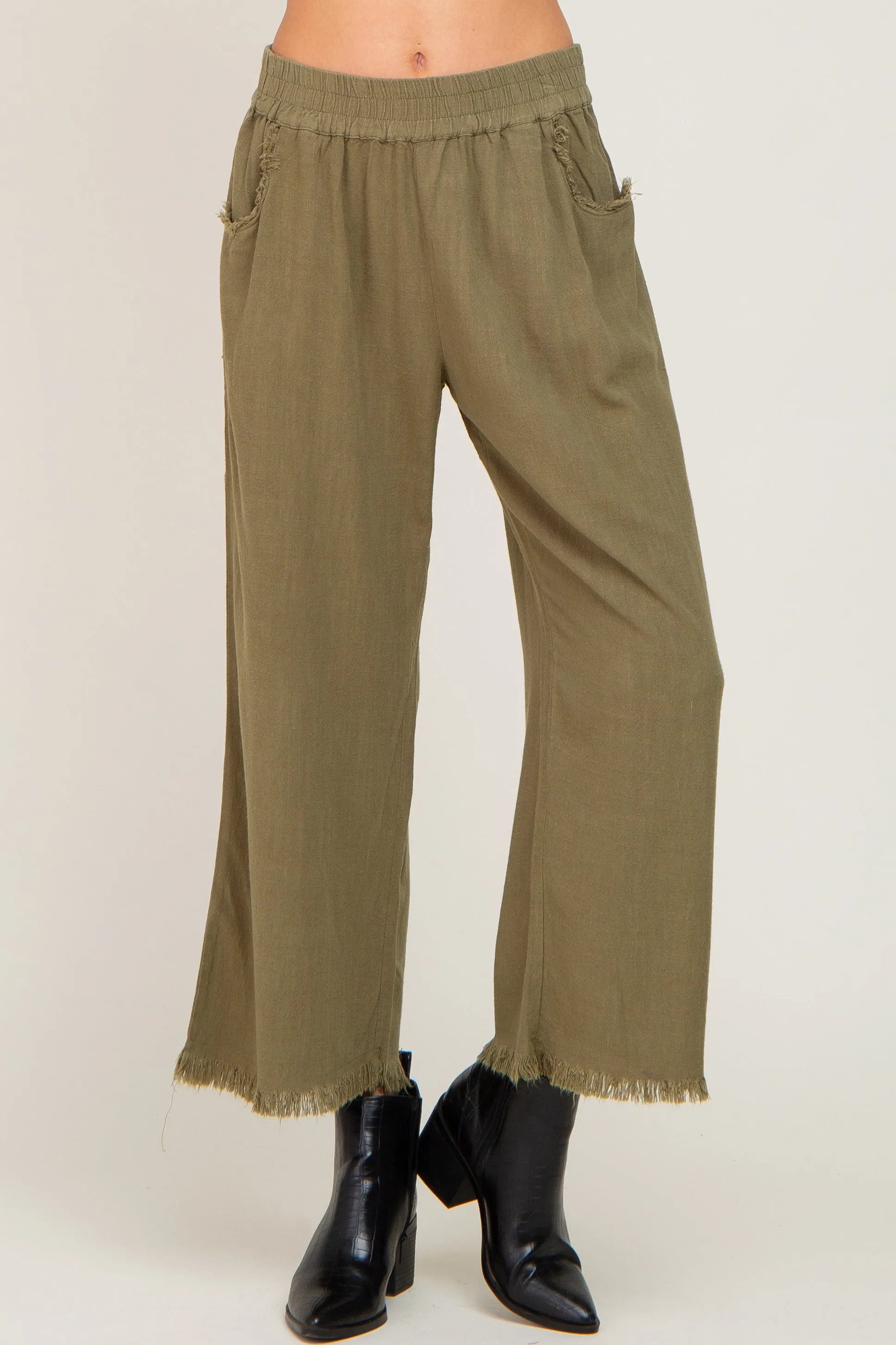 Olive Linen Frayed Hem Crop Pants sold by Pinkblush product image thumbnail 2