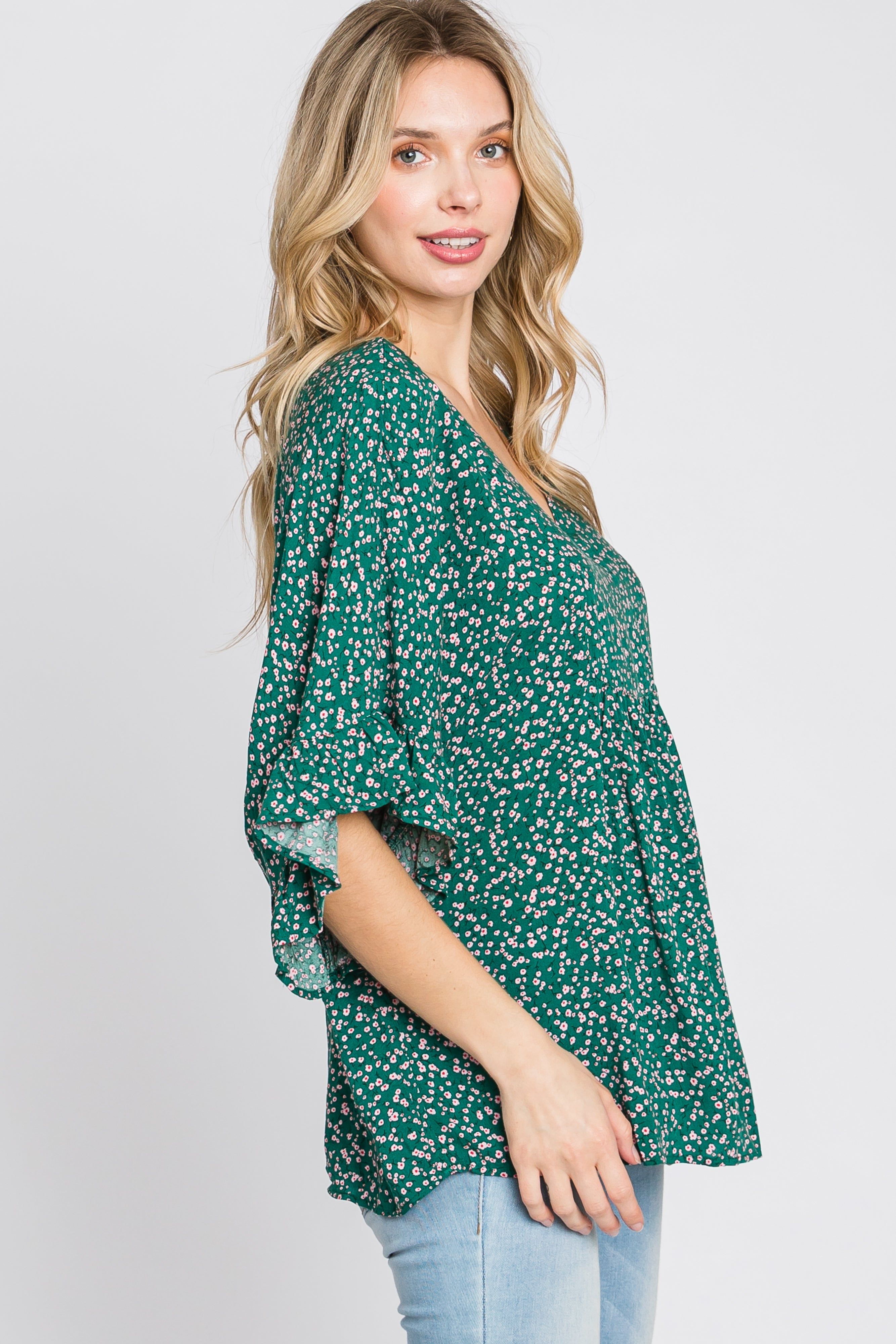 Emerald Green Floral Ruffle Dolman Sleeve Top sold by Pinkblush product image thumbnail 5