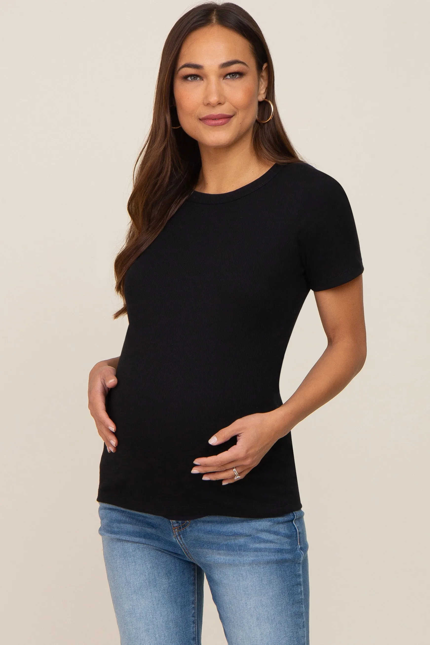 Black Ribbed Short Sleeve Maternity Top sold by Pinkblush
