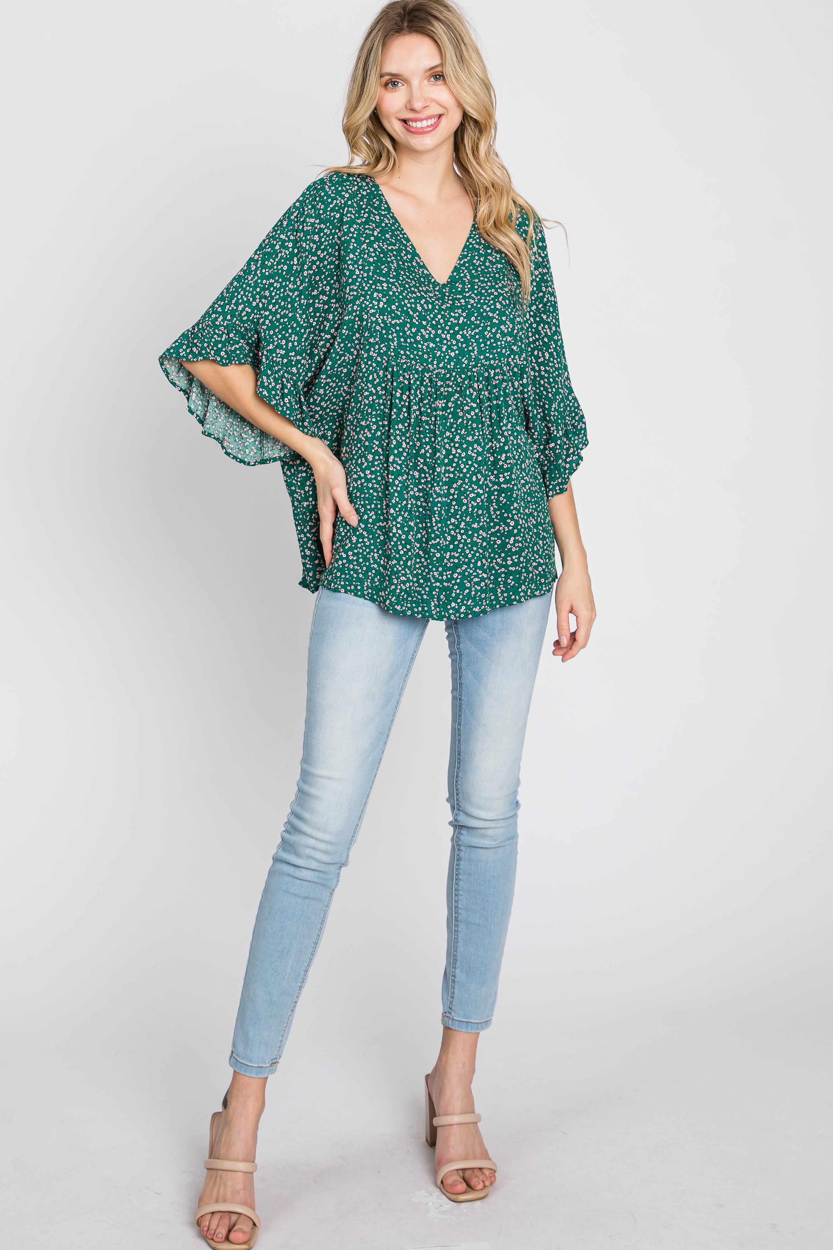Emerald Green Floral Ruffle Dolman Sleeve Top sold by Pinkblush product image thumbnail 2
