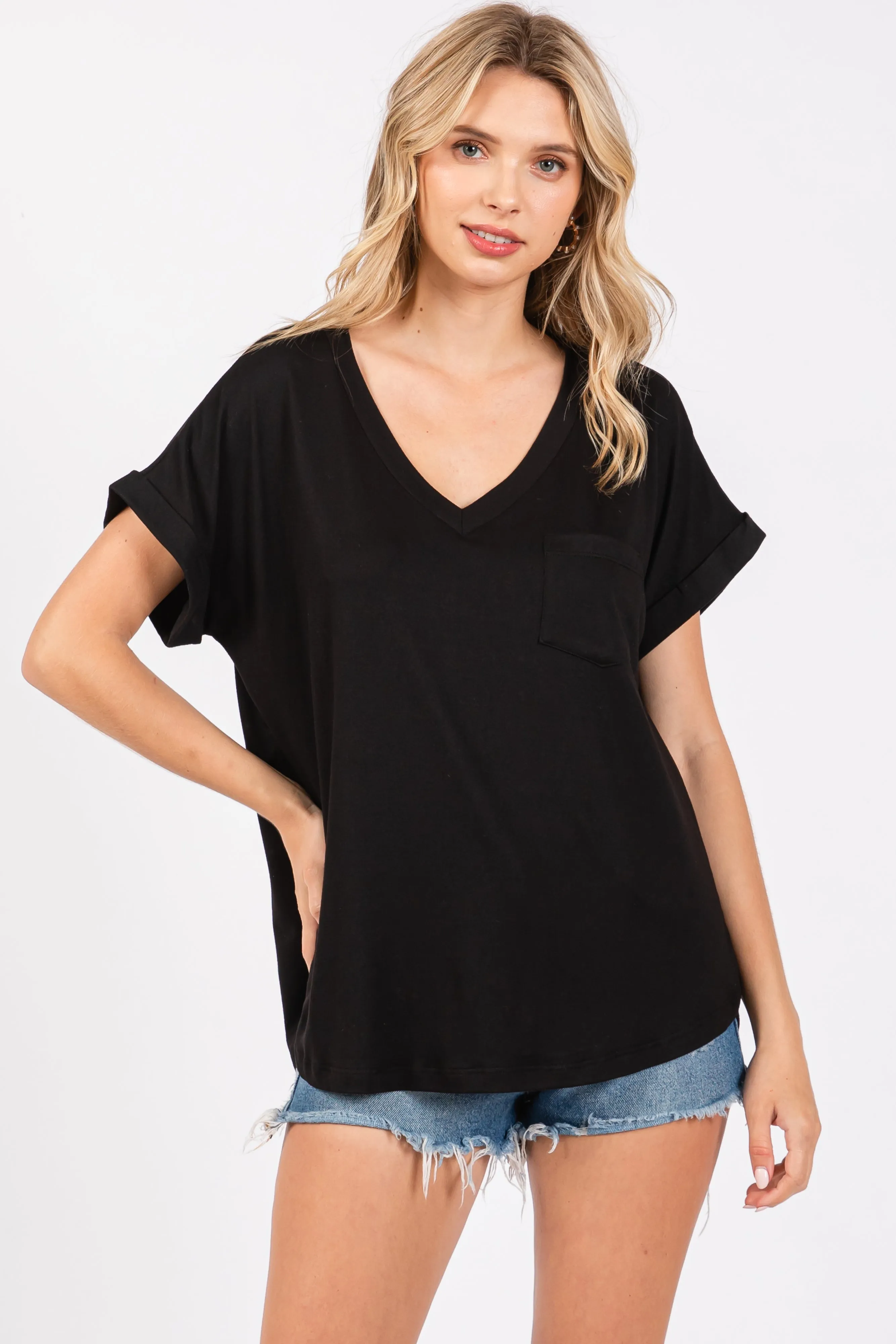 Black V-Neck Pocket Short Sleeve Maternity Shirt sold by Pinkblush product image thumbnail 5