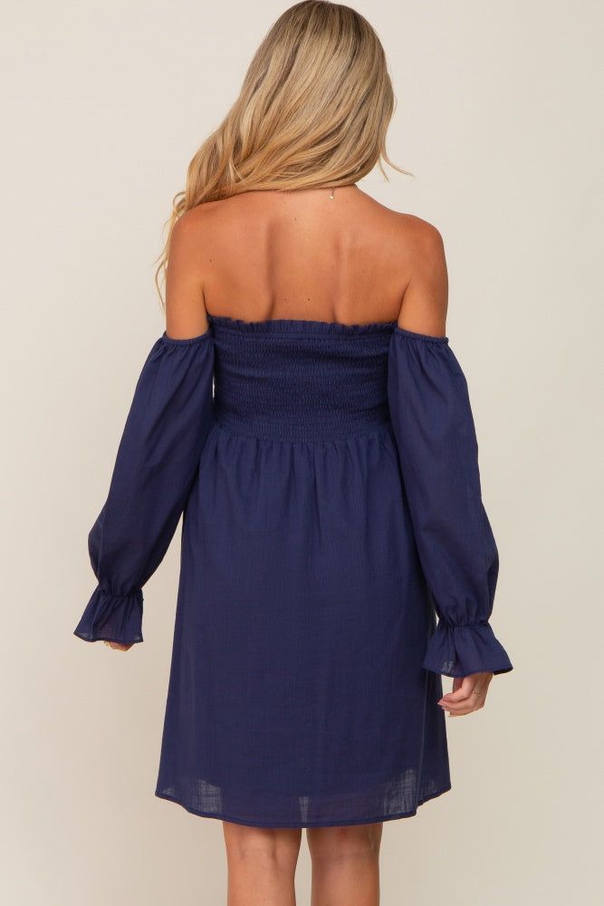 Navy Blue Smocked Off Shoulder Long Sleeve Maternity Dress sold by Pinkblush product image thumbnail 4