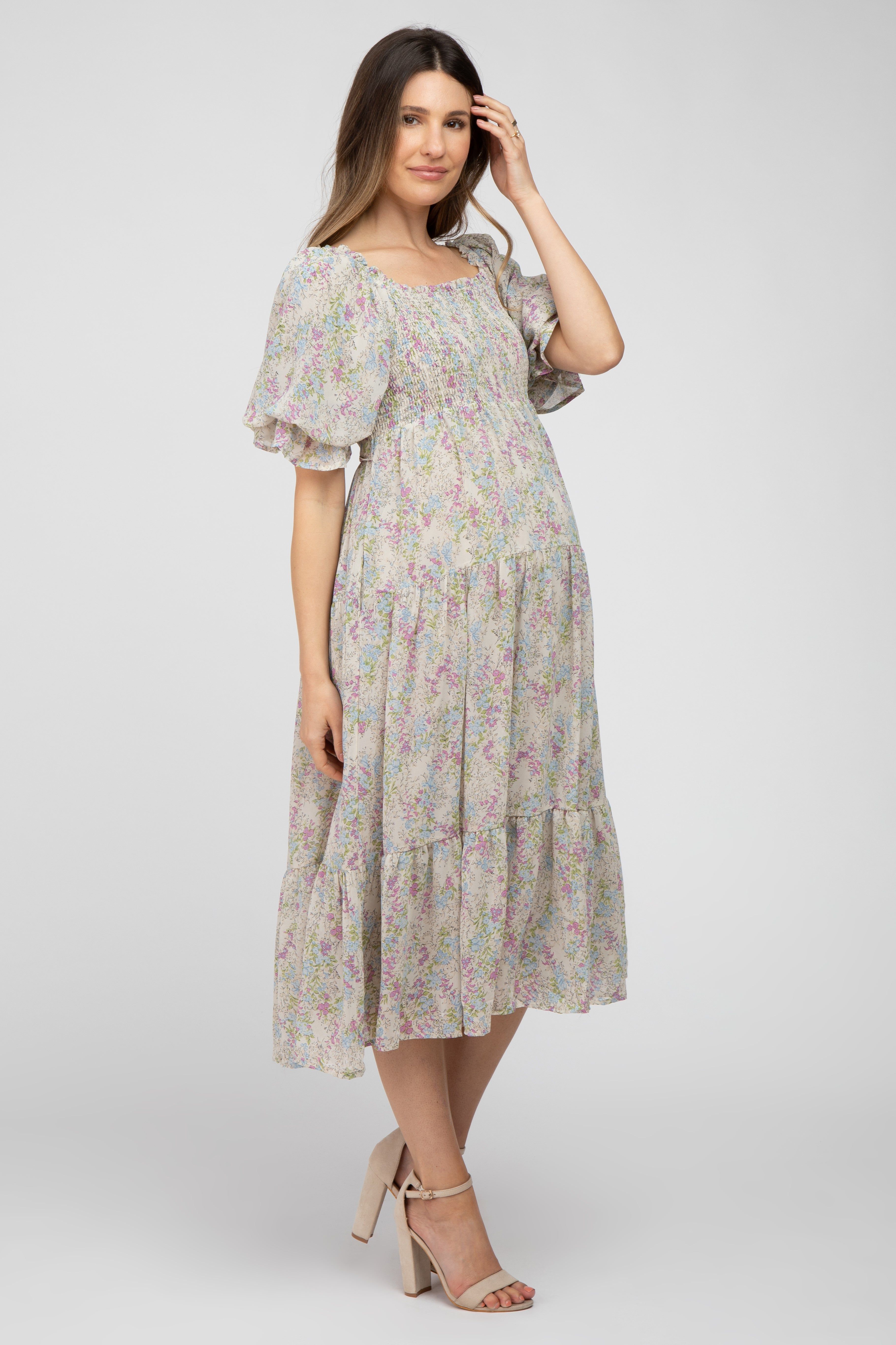 Cream Floral Chiffon Smocked Square Neck Maternity Midi Dress sold by Pinkblush product image thumbnail 2