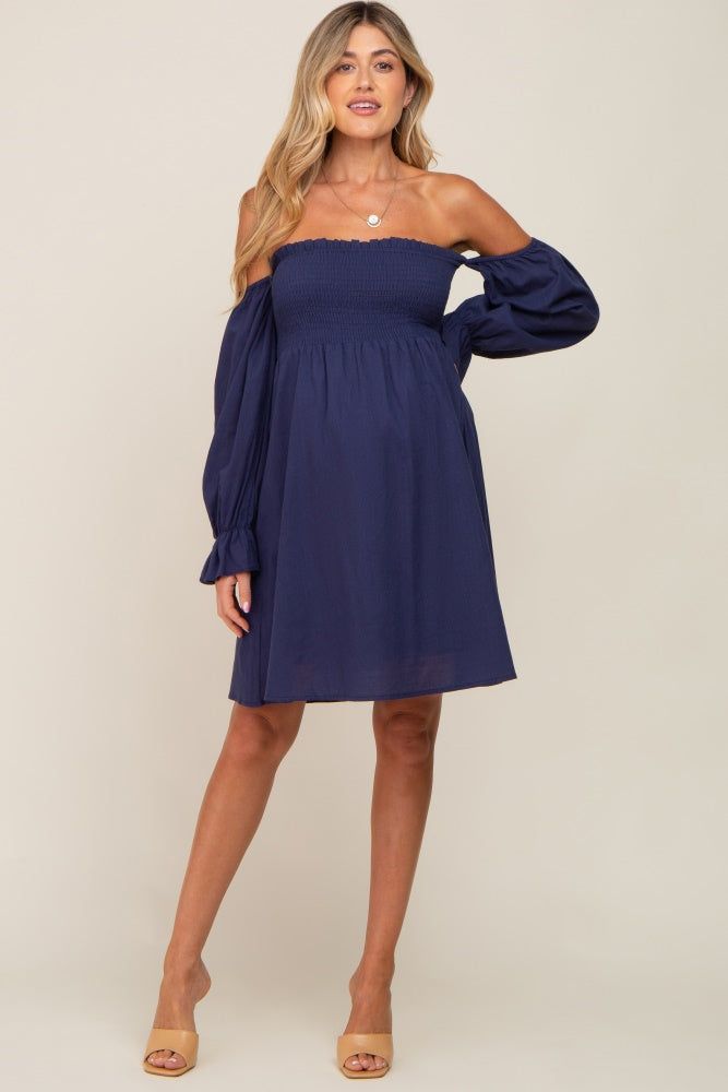 Navy Blue Smocked Off Shoulder Long Sleeve Maternity Dress sold by Pinkblush