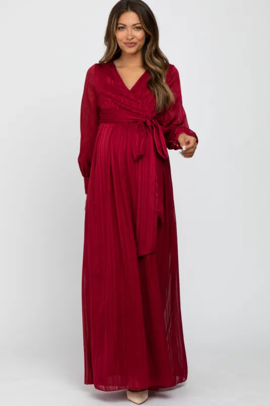 Burgundy Metallic Striped Chiffon Maternity Maxi Dress sold by Pinkblush