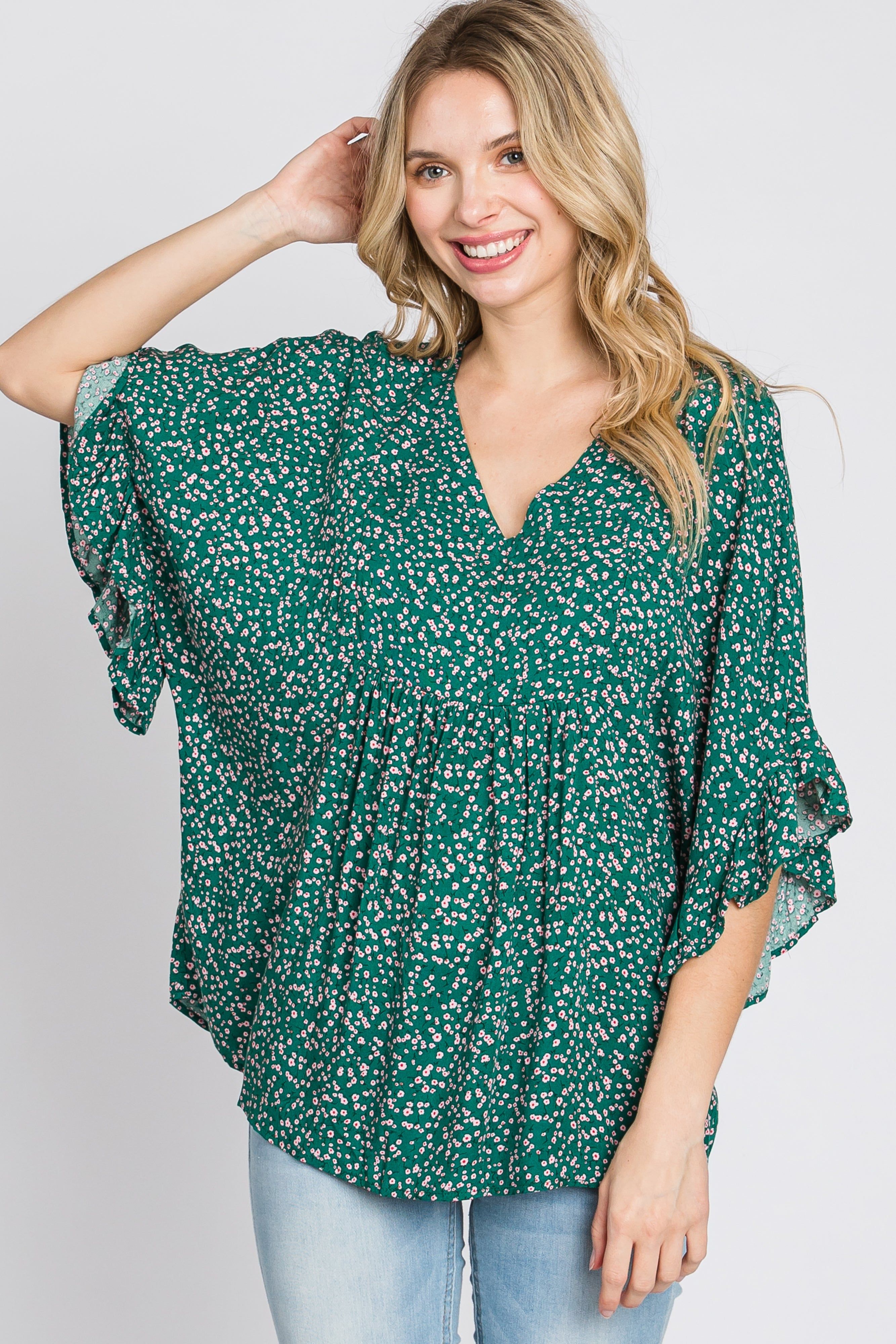 Emerald Green Floral Ruffle Dolman Sleeve Top sold by Pinkblush product image thumbnail 3