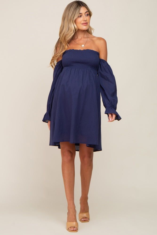Navy Blue Smocked Off Shoulder Long Sleeve Maternity Dress sold by Pinkblush product image thumbnail 5