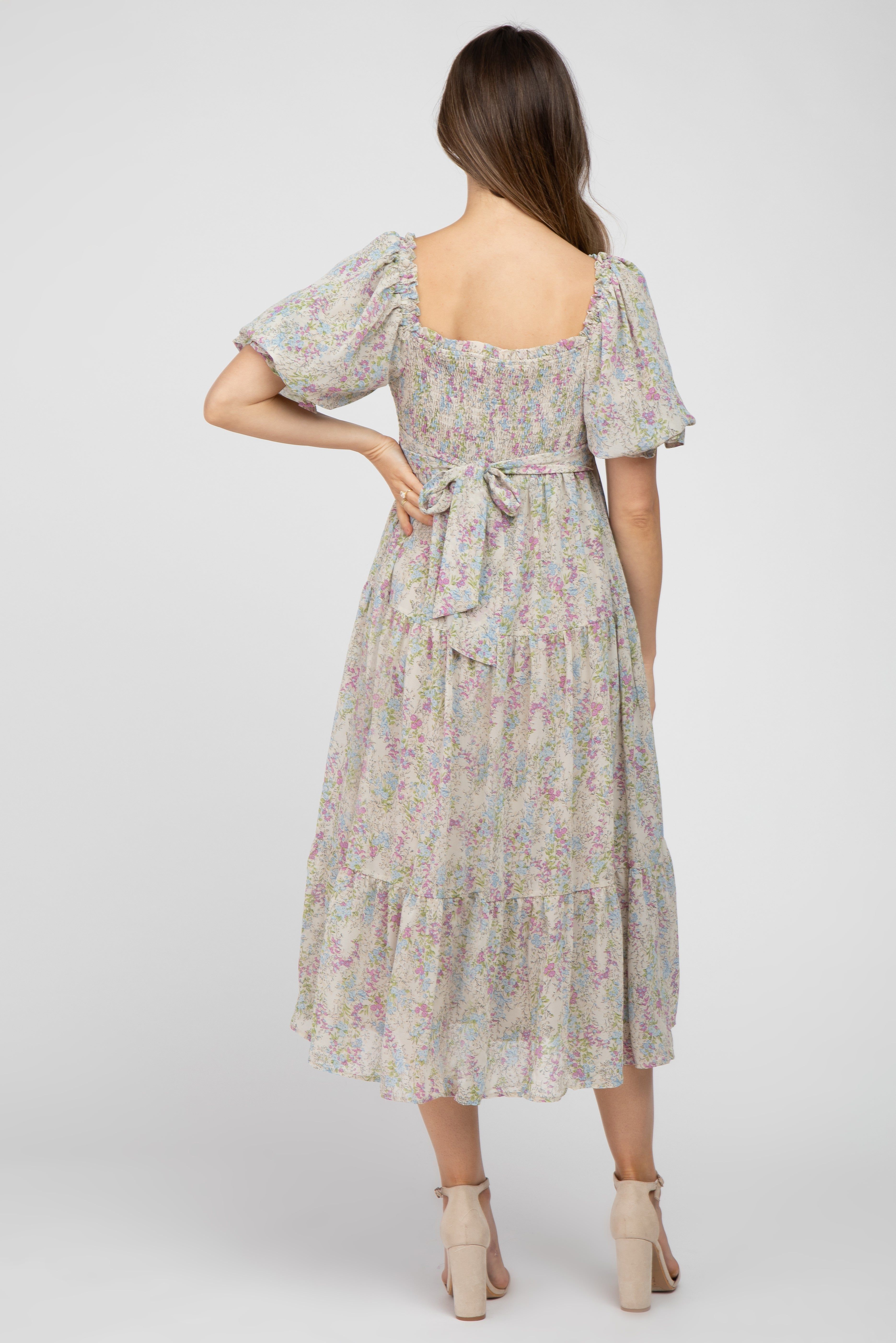 Cream Floral Chiffon Smocked Square Neck Maternity Midi Dress sold by Pinkblush product image thumbnail 3