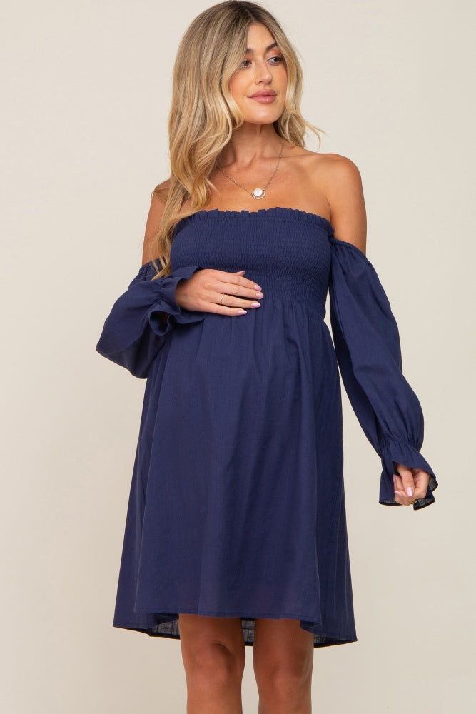 Navy Blue Smocked Off Shoulder Long Sleeve Maternity Dress sold by Pinkblush product image thumbnail 2