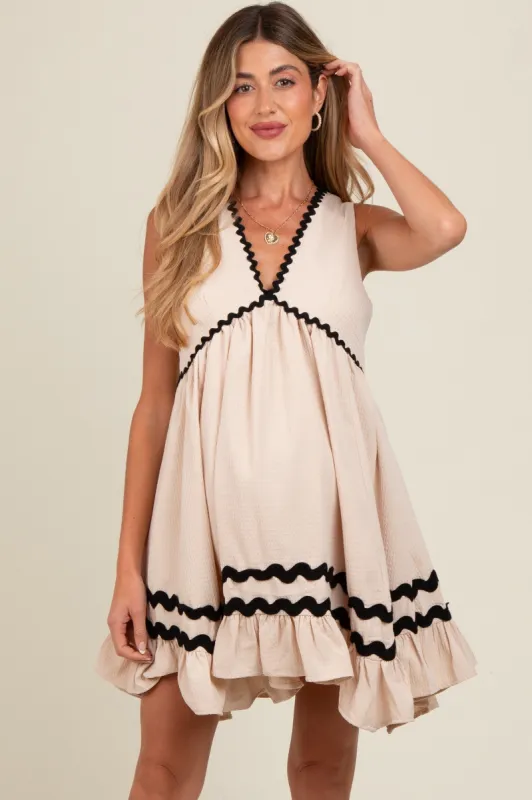 Cream Contrast Wavy Trim Maternity Mini Dress sold by Pinkblush