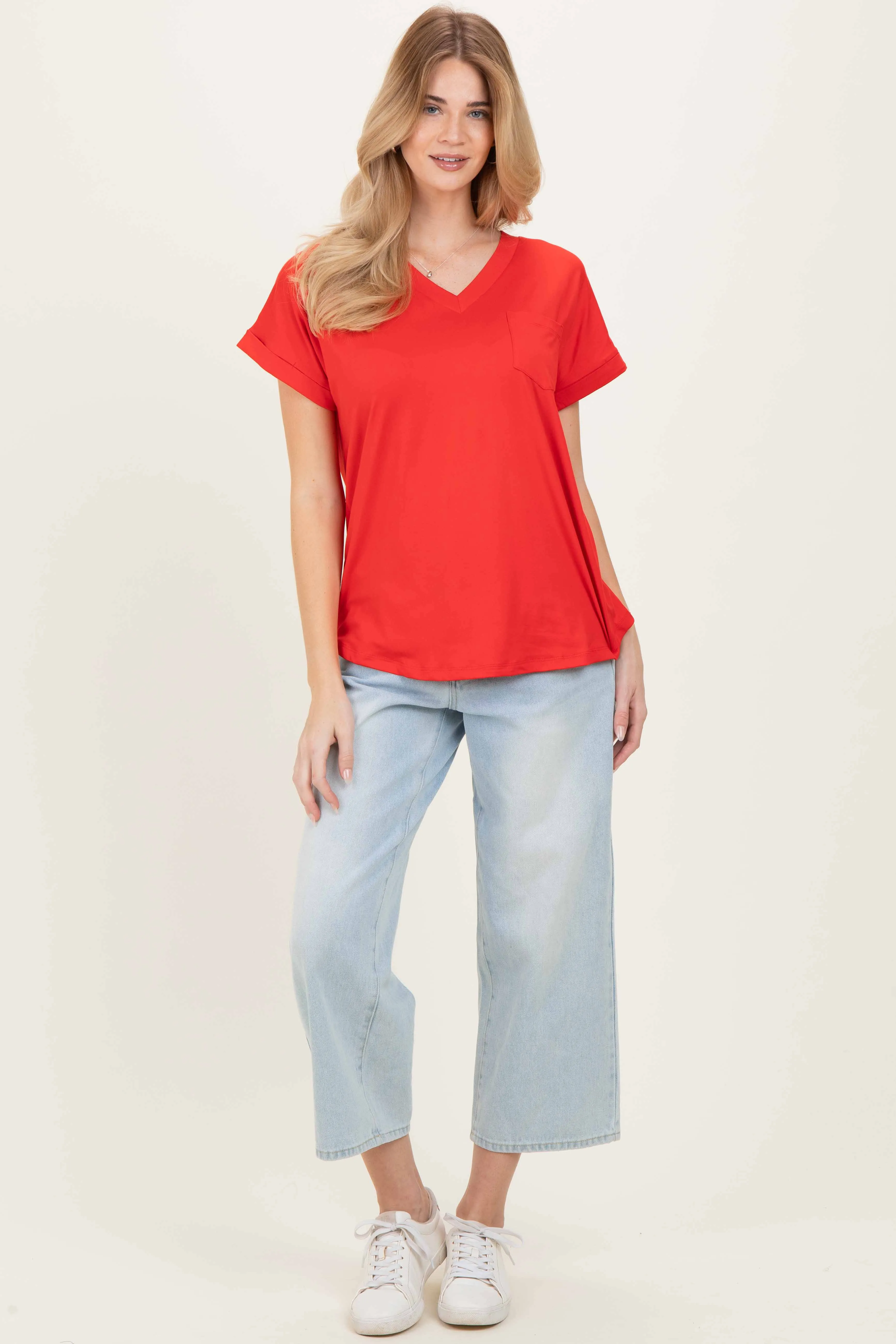 Red V-Neck Pocket Short Sleeve Shirt sold by Pinkblush product image thumbnail 2