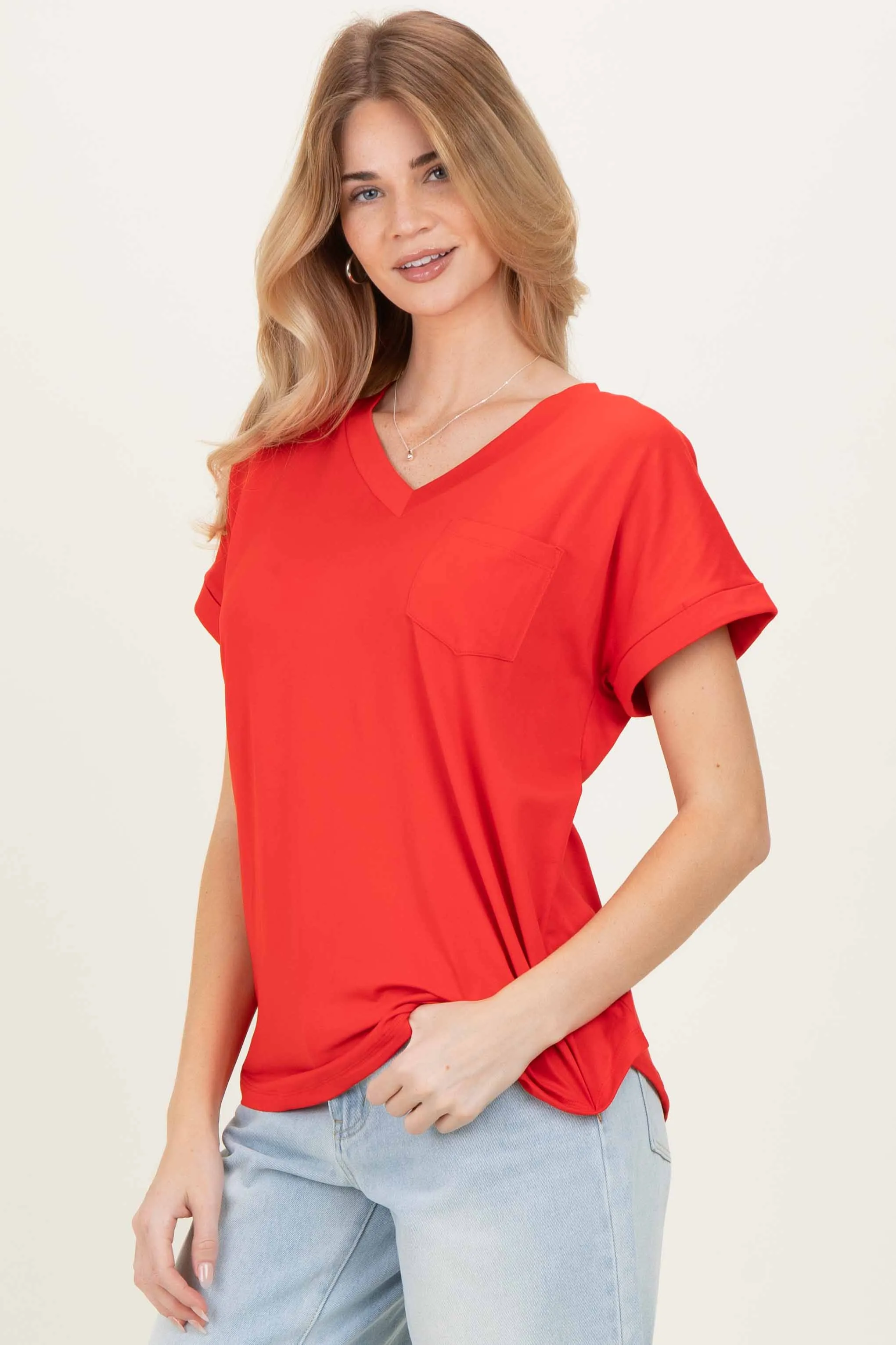 Red V-Neck Pocket Short Sleeve Shirt sold by Pinkblush product image thumbnail 3
