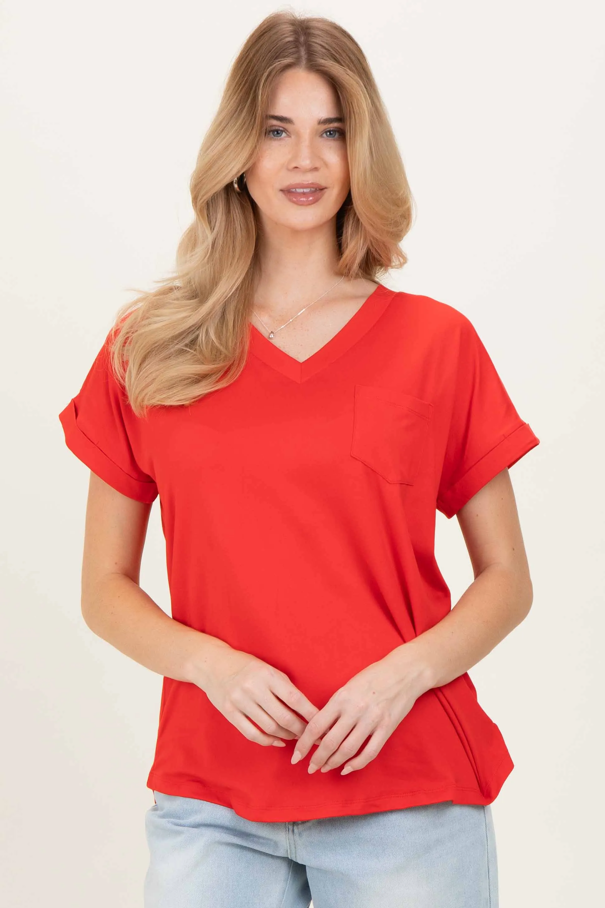 Red V-Neck Pocket Short Sleeve Shirt sold by Pinkblush