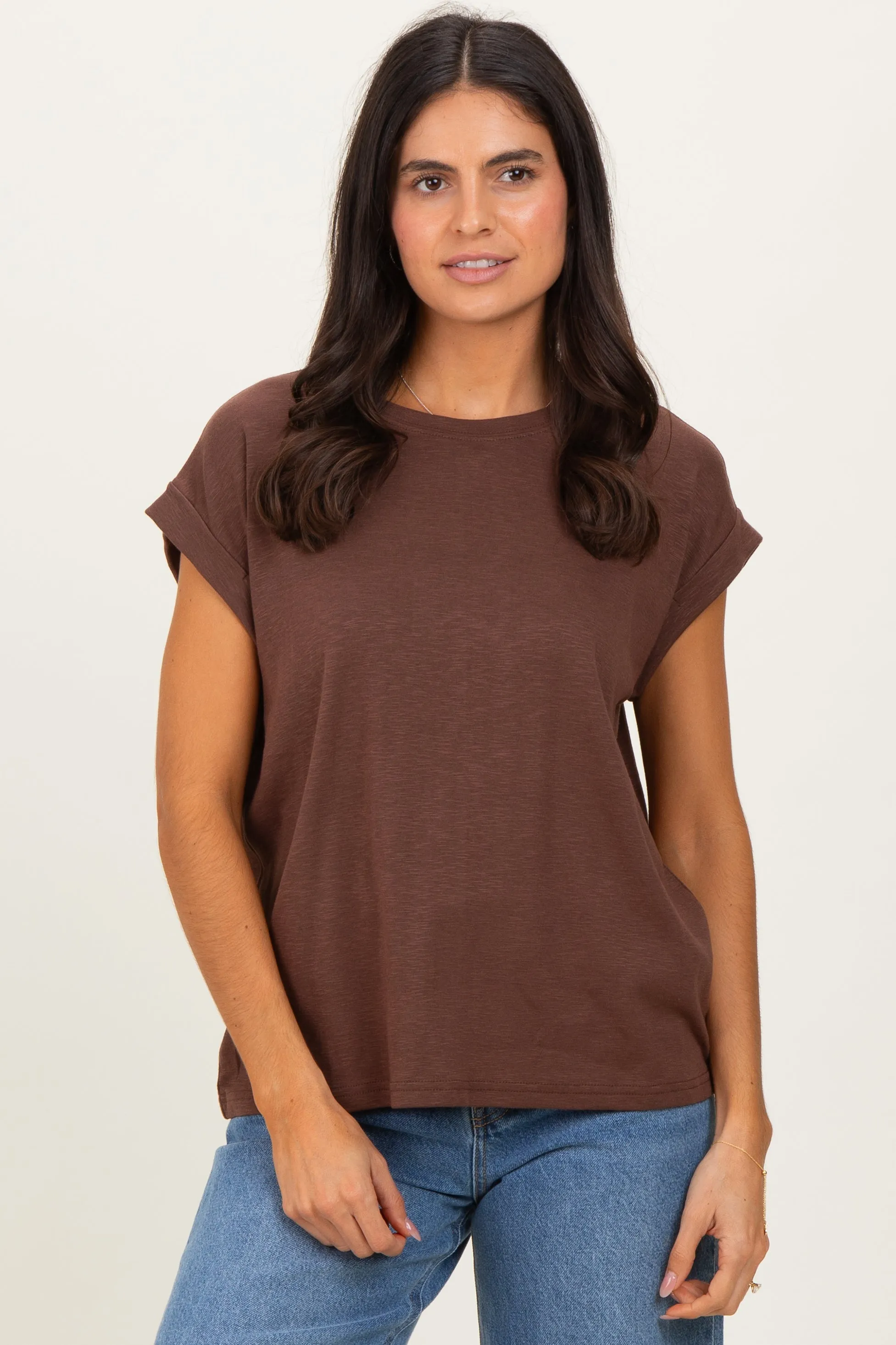 Brown Rolled Short Sleeve Tee sold by Pinkblush