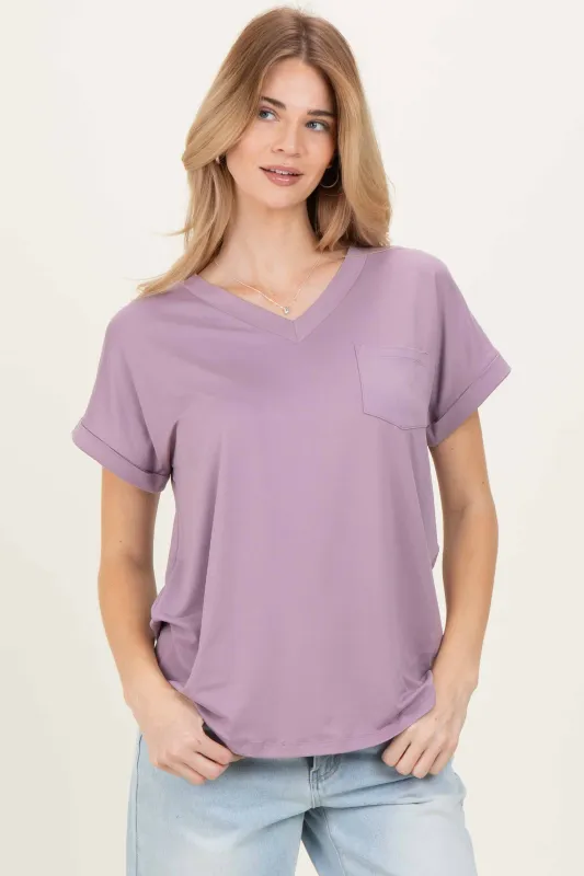 Lavender V-Neck Pocket Short Sleeve Shirt sold by Pinkblush