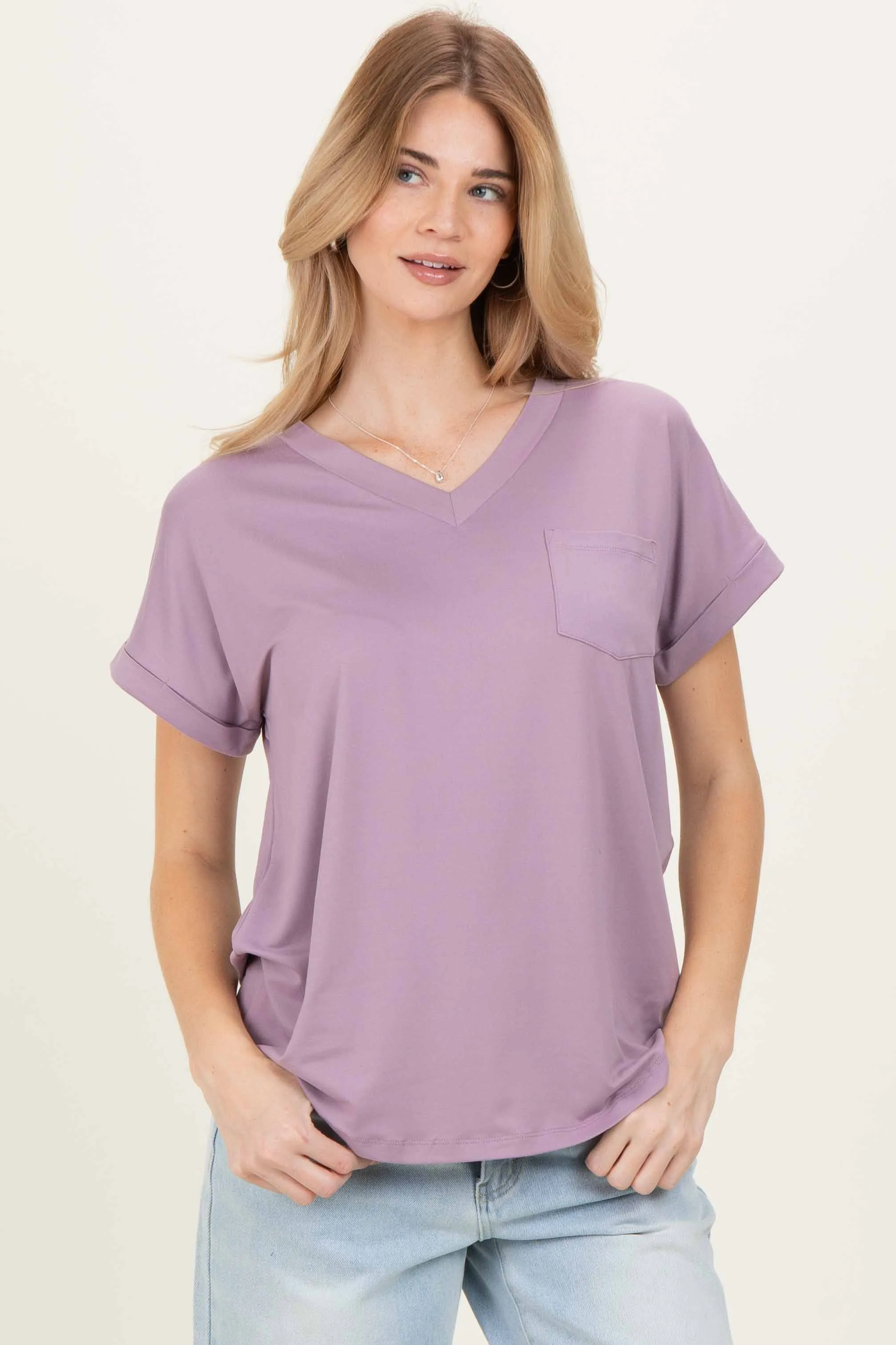 Lavender V-Neck Pocket Short Sleeve Shirt sold by Pinkblush