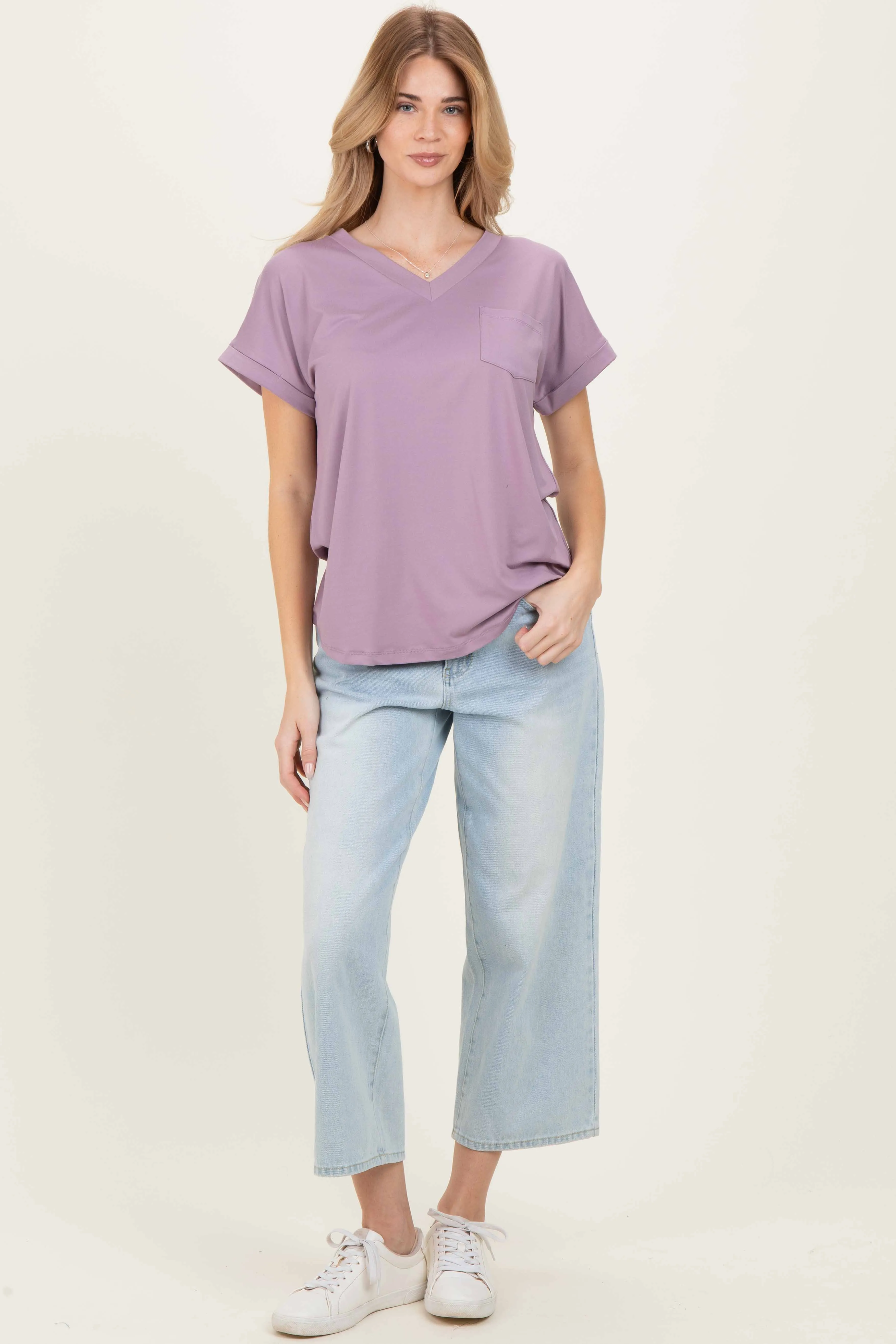 Lavender V-Neck Pocket Short Sleeve Shirt sold by Pinkblush product image thumbnail 2