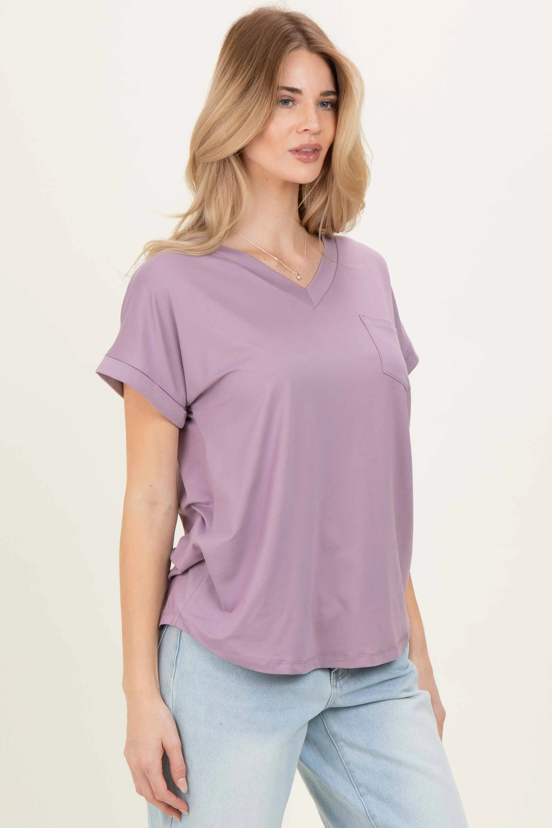Lavender V-Neck Pocket Short Sleeve Shirt sold by Pinkblush product image thumbnail 3
