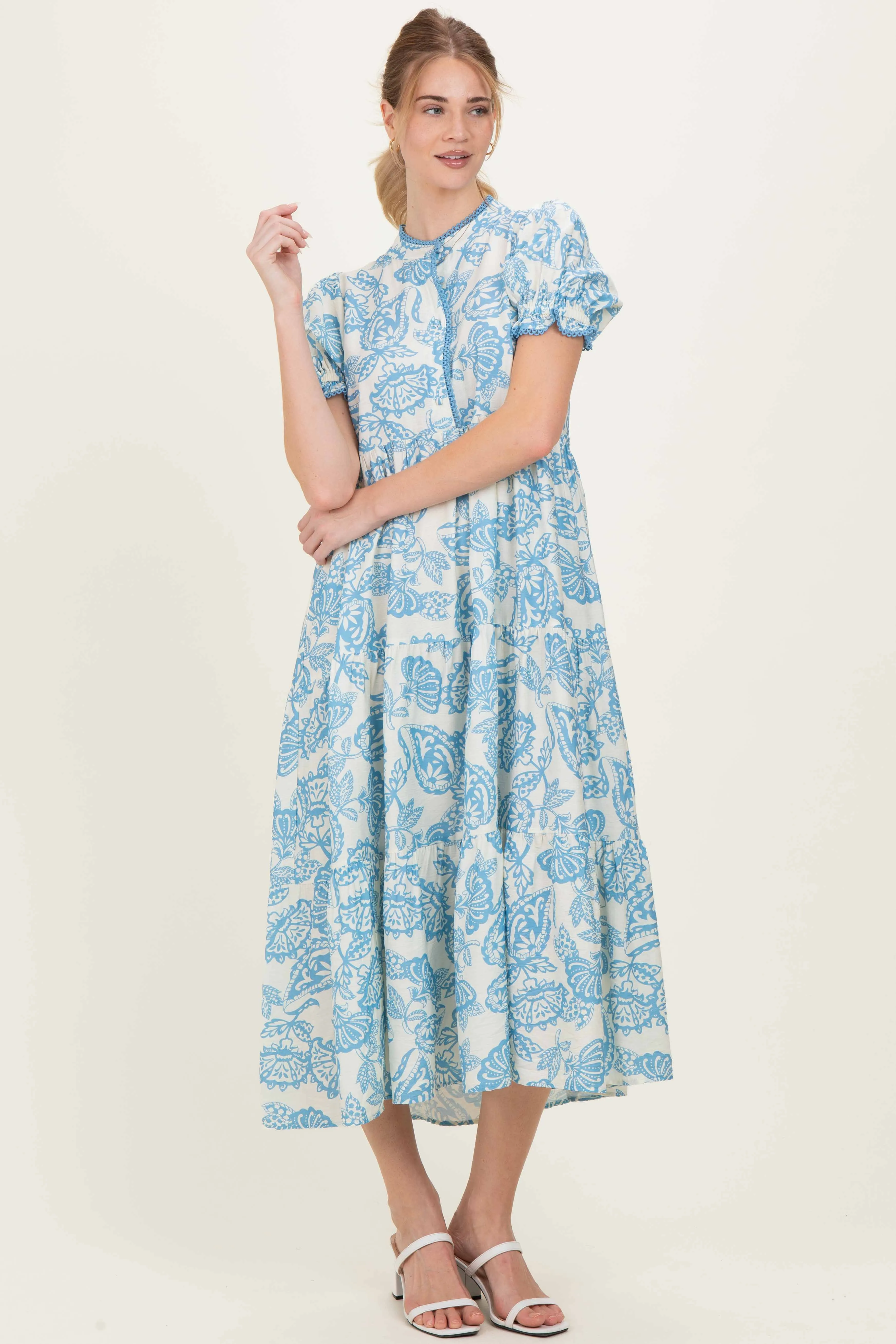 Light Blue Paisley Print Tiered Midi Dress sold by Pinkblush