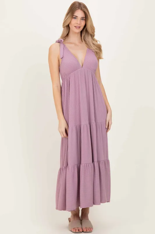 Violet Shoulder Tie Ribbed Tiered Maxi Dress made by Pinkblush