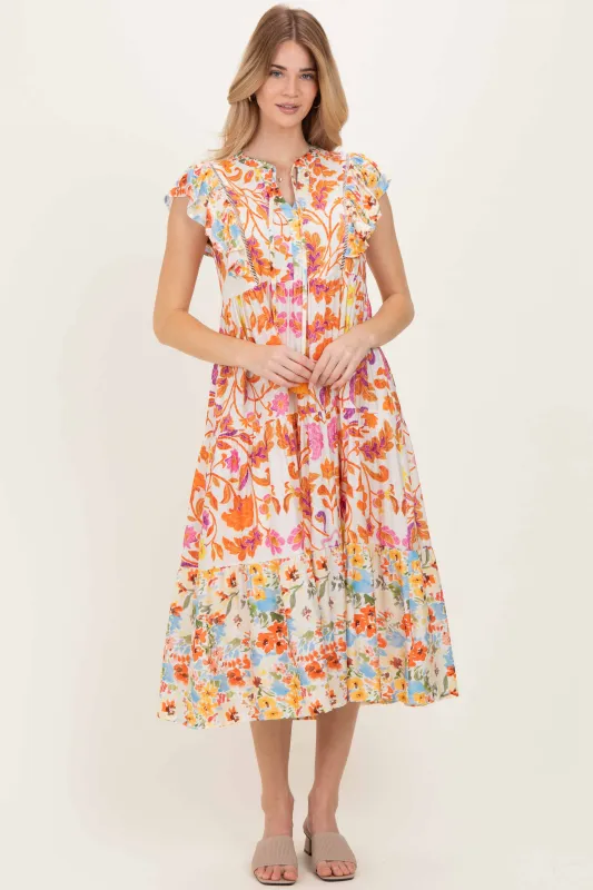 Orange Colorblock Floral Tassel Front Tie Dress sold by Pinkblush