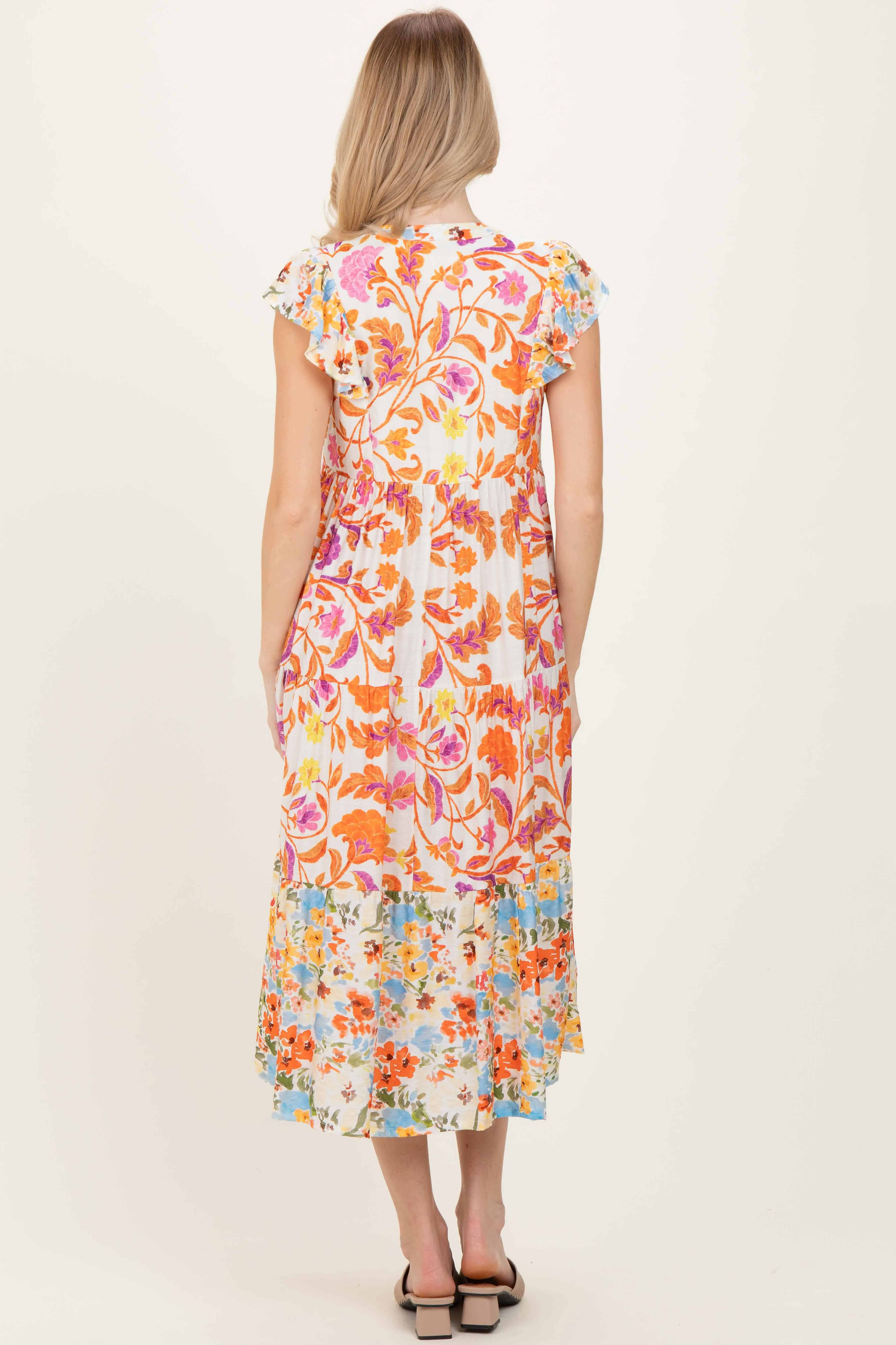 Orange Colorblock Floral Tassel Front Tie Dress sold by Pinkblush product image thumbnail 3