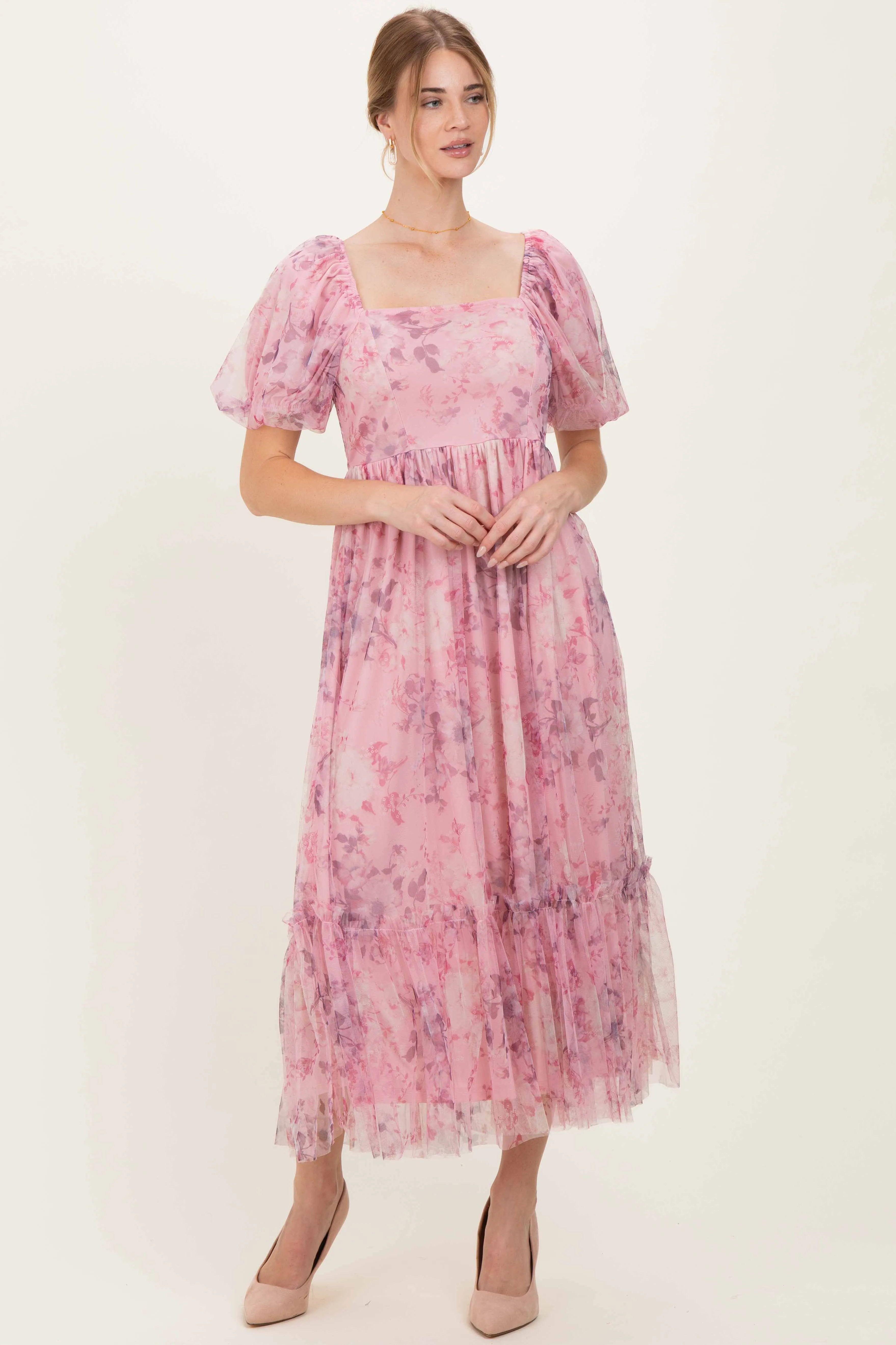 Pink Floral Printed Tulle Puff Sleeve Midi Dress sold by Pinkblush product image thumbnail 2