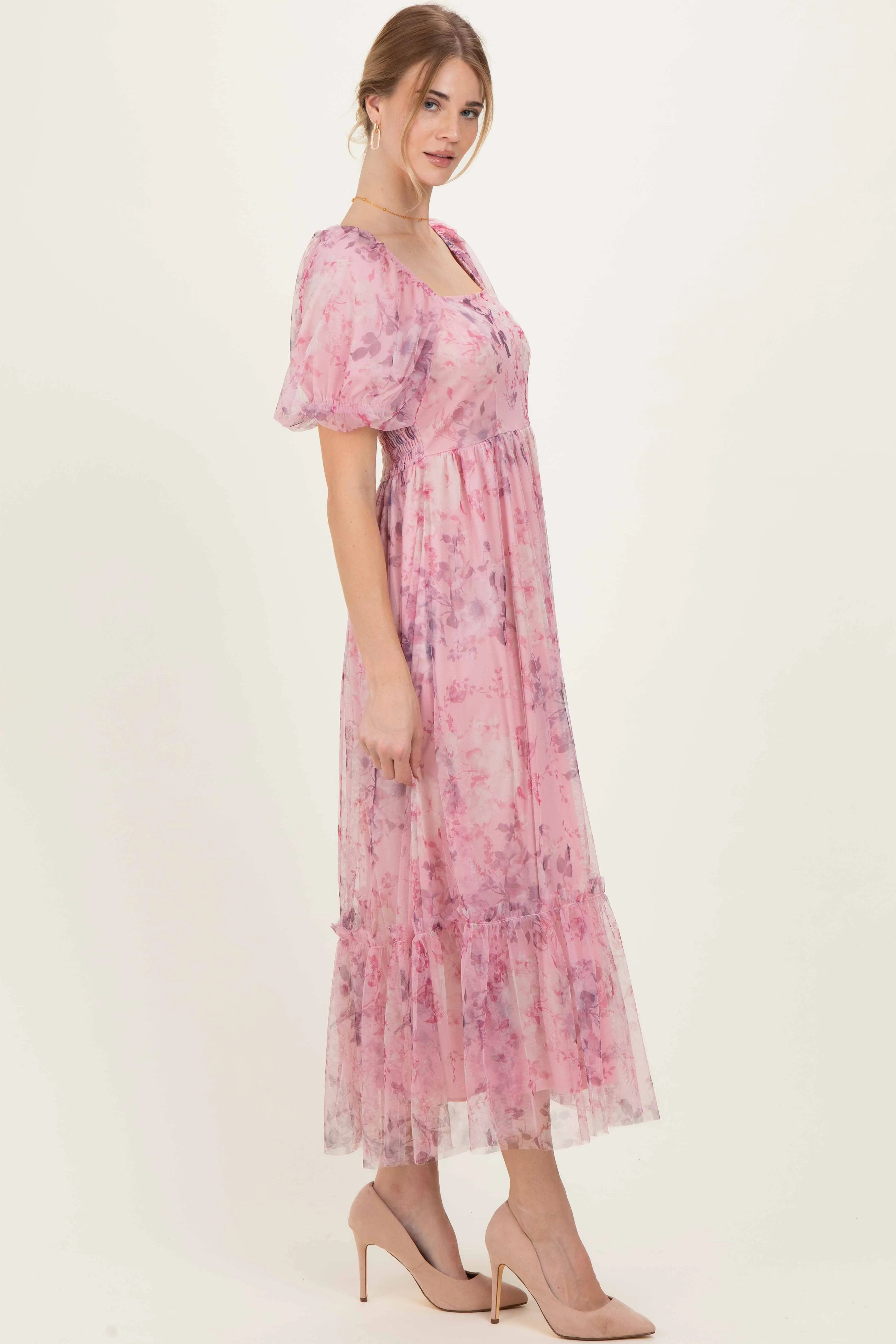 Pink Floral Printed Tulle Puff Sleeve Midi Dress sold by Pinkblush product image thumbnail 3
