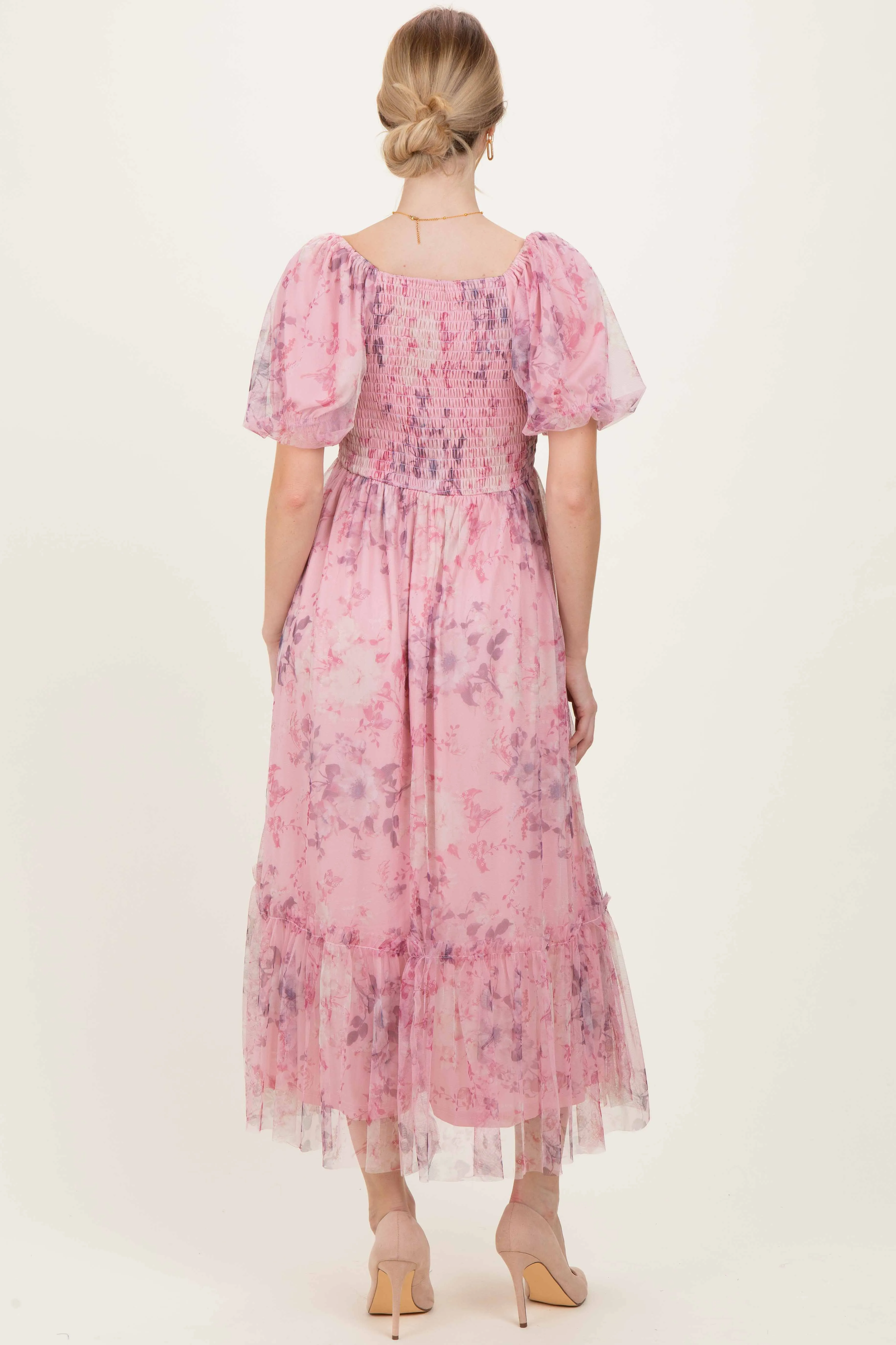 Pink Floral Printed Tulle Puff Sleeve Midi Dress sold by Pinkblush product image thumbnail 4