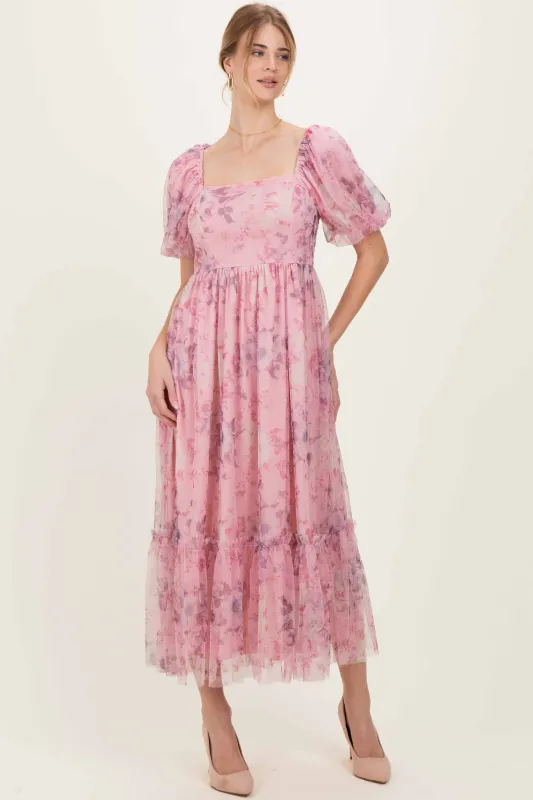 Pink Floral Printed Tulle Puff Sleeve Midi Dress sold by Pinkblush