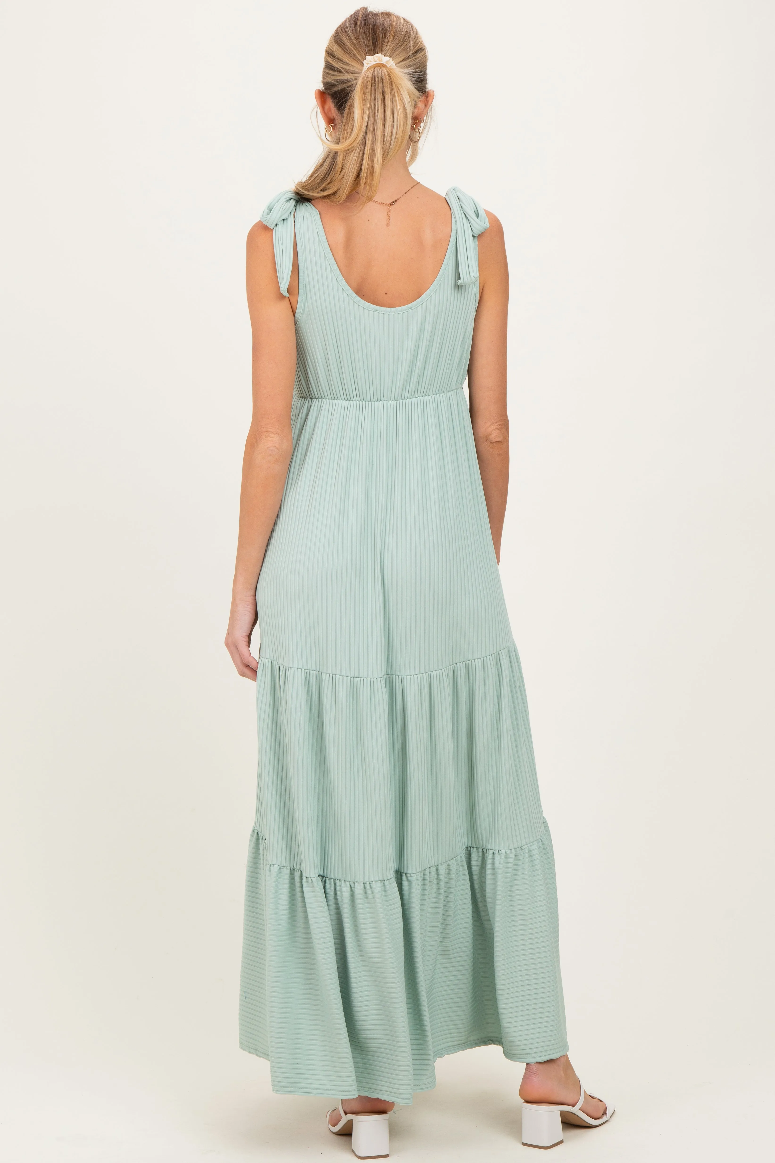 Sage Shoulder Tie Ribbed Tiered Maternity Maxi Dress sold by Pinkblush product image thumbnail 4