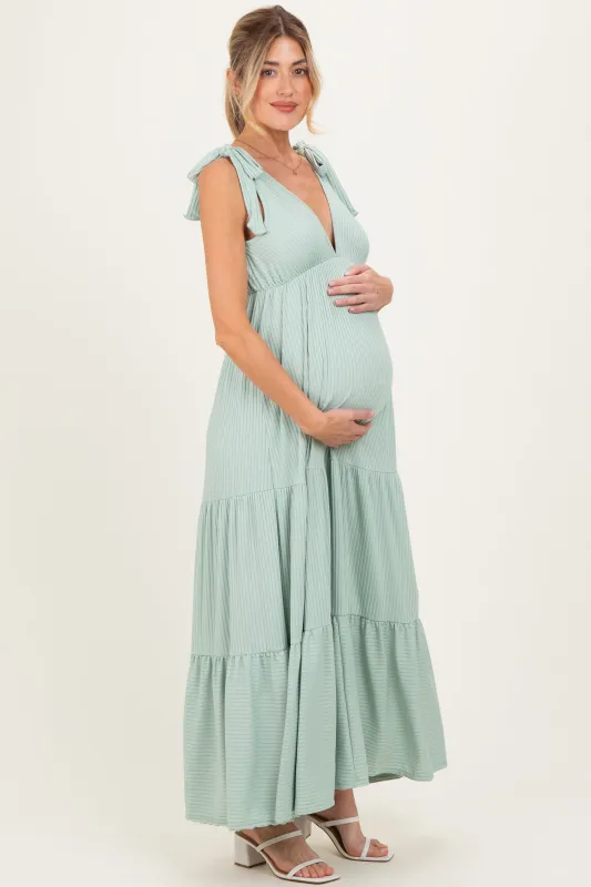 Sage Shoulder Tie Ribbed Tiered Maternity Maxi Dress sold by Pinkblush