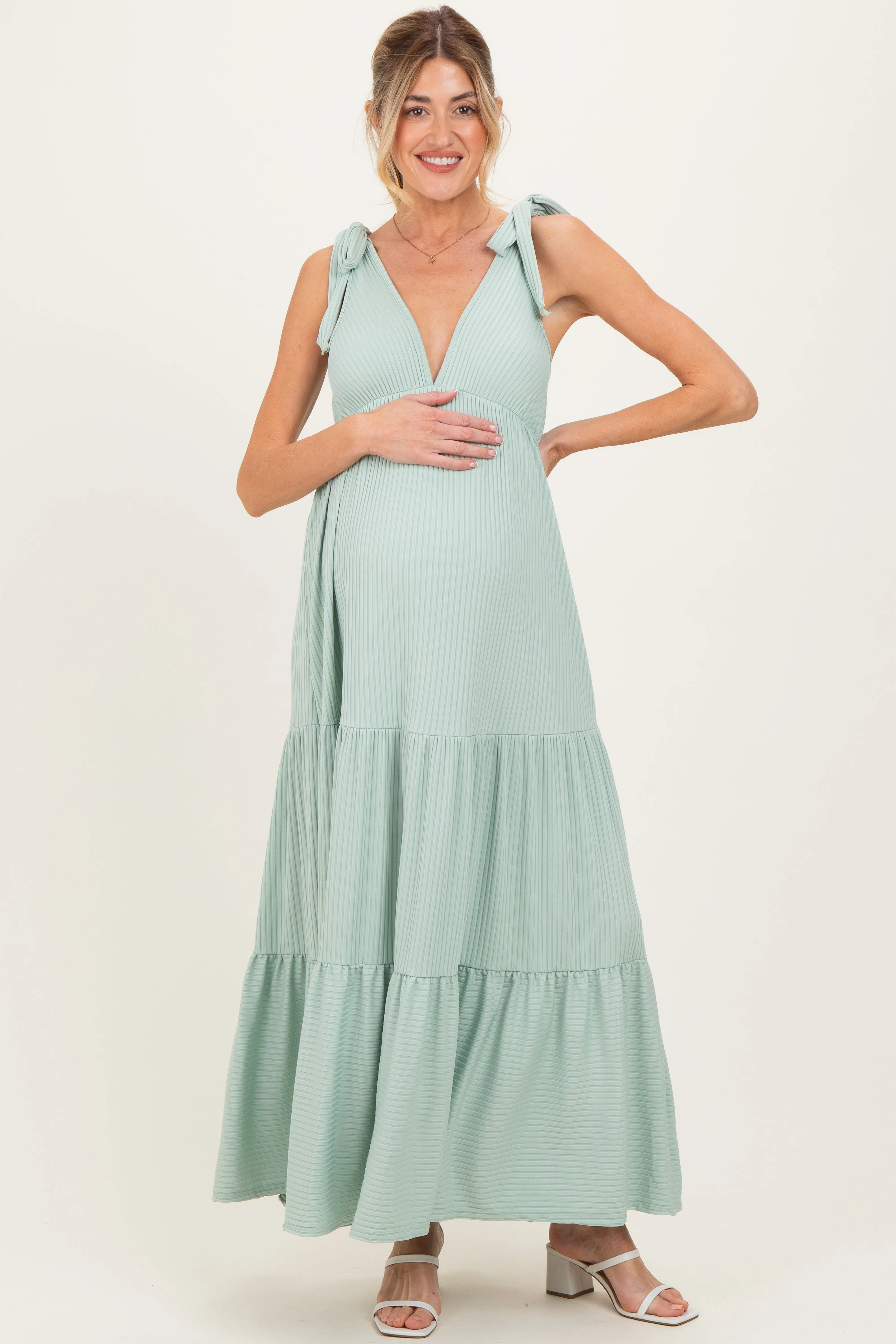 Sage Shoulder Tie Ribbed Tiered Maternity Maxi Dress sold by Pinkblush product image thumbnail 2